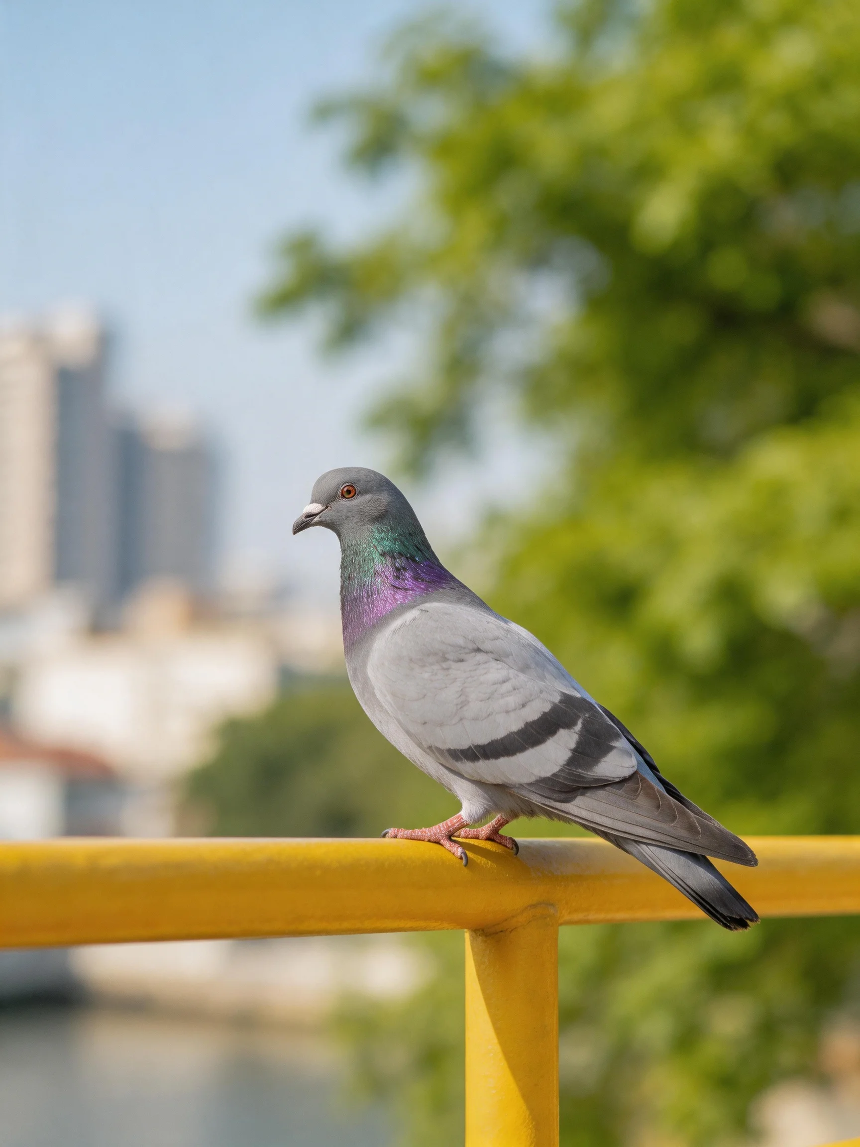 A gray pigeon perched on a bright yellow railing with blurred greenery and buildings