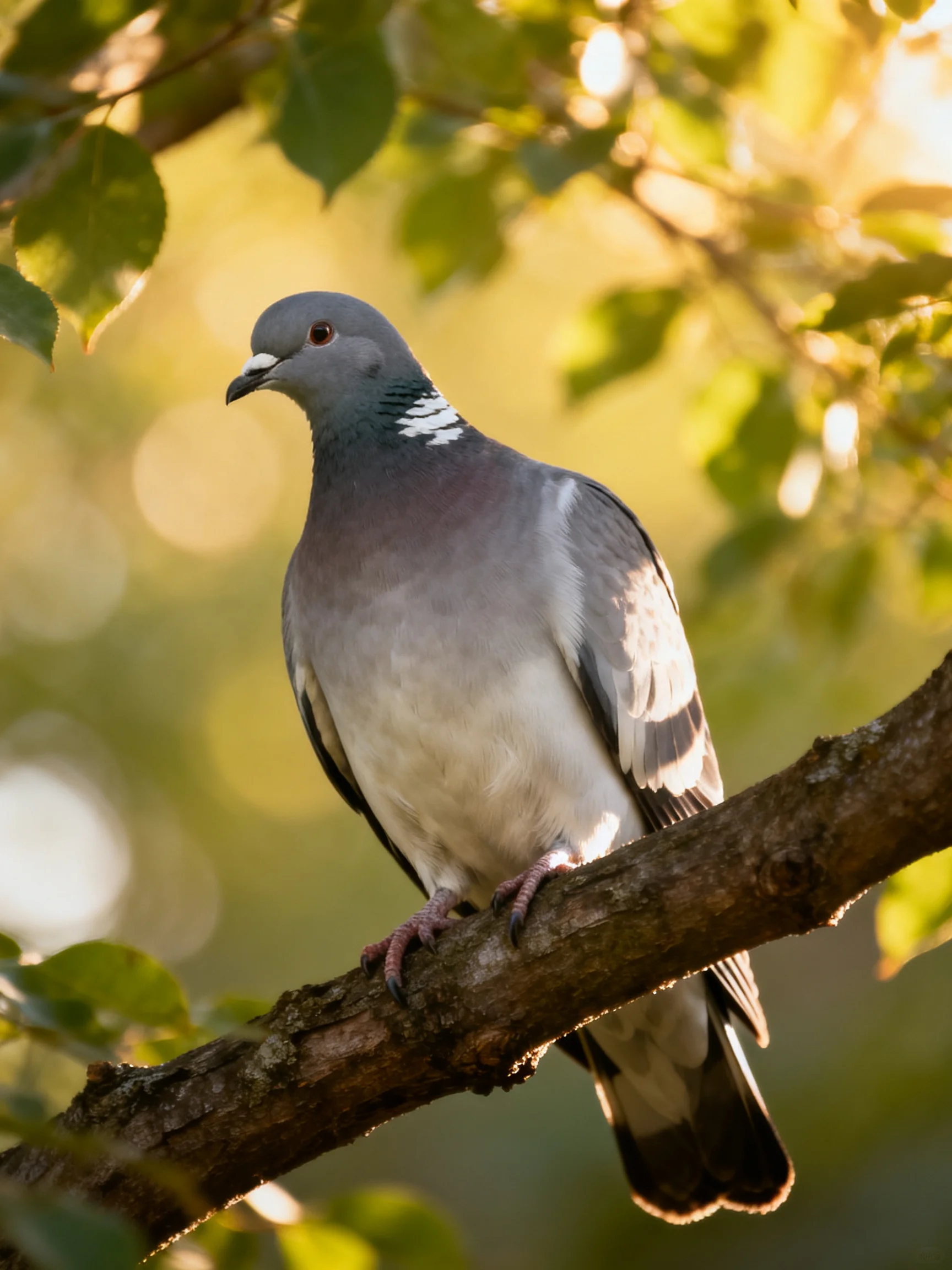 A gray pigeon rests on a tree branch surrounded by greenery.