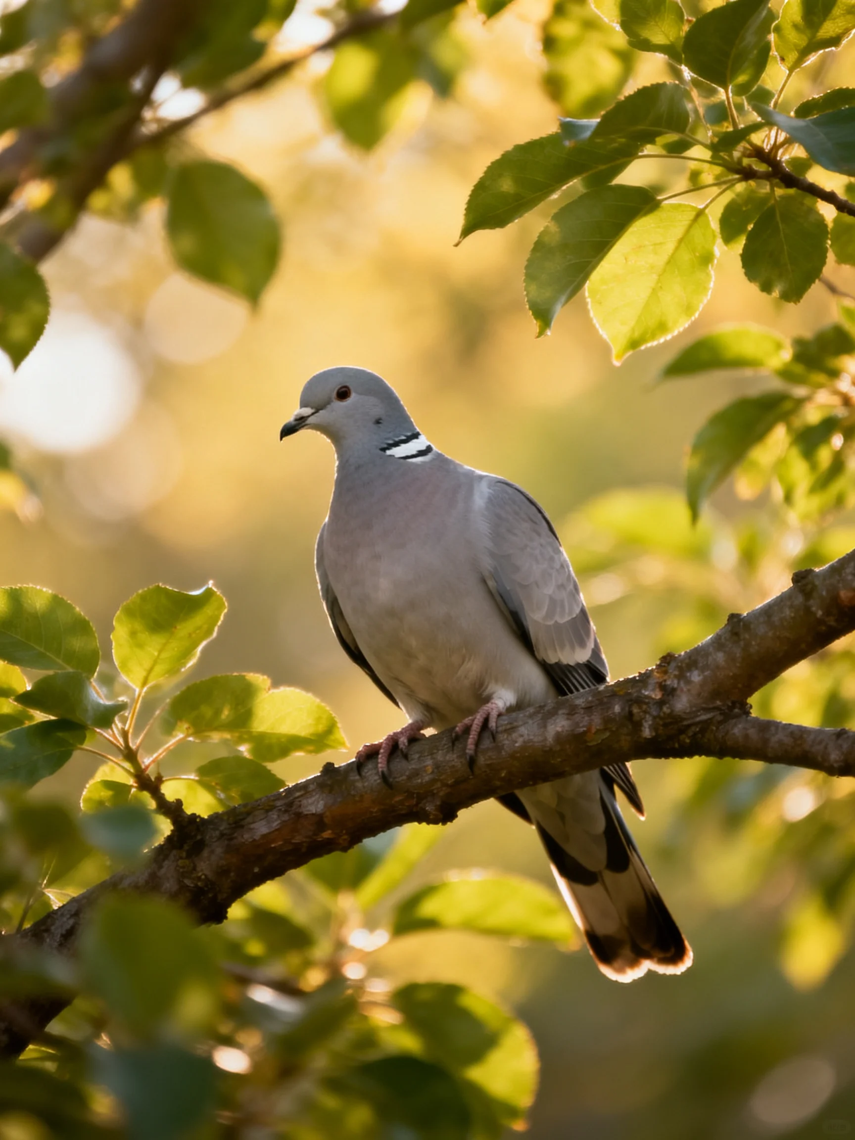 A gray pigeon perched on a brown tree branch amid green foliage