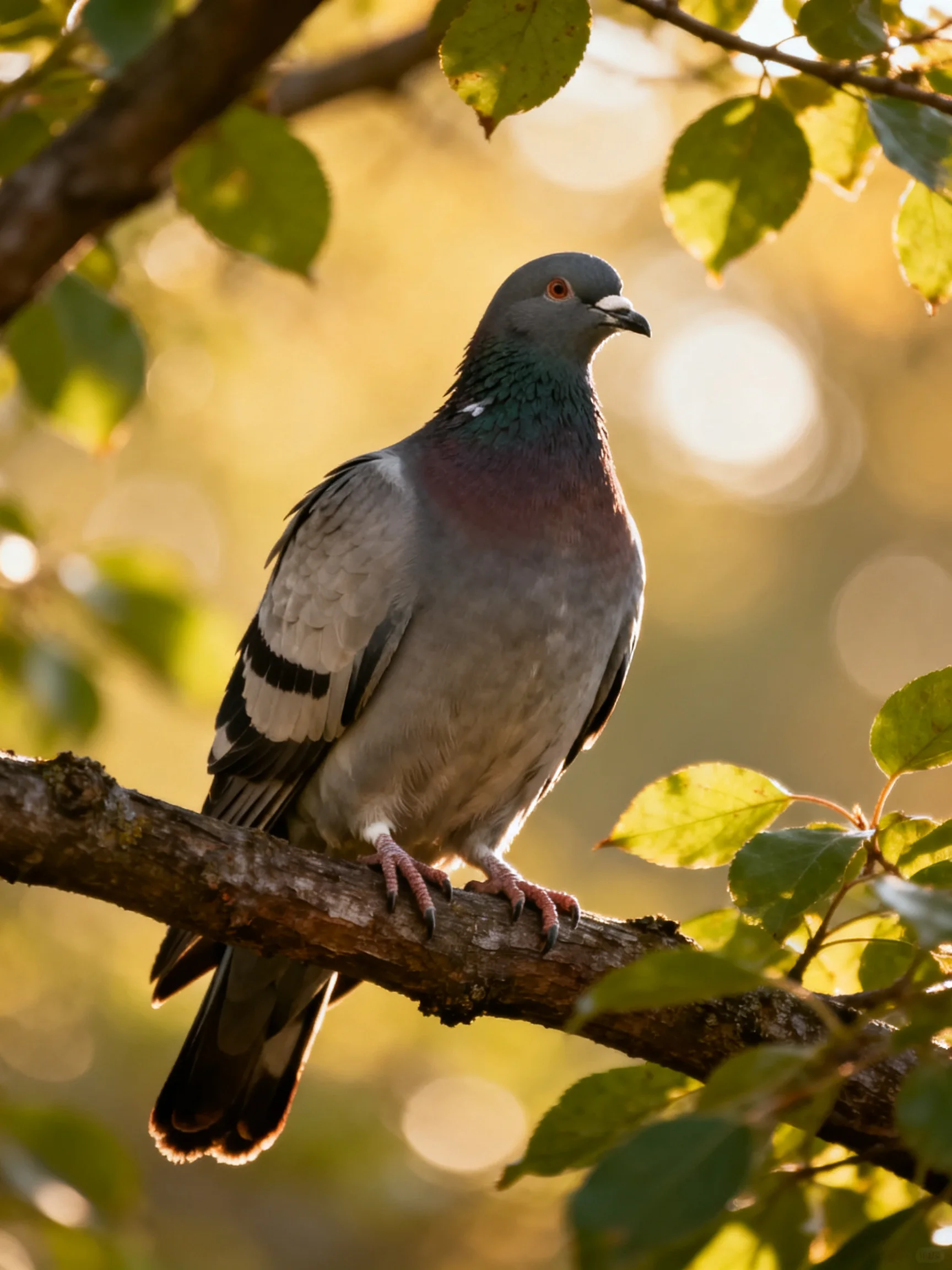 A gray pigeon sits on a tree branch in a sunlit leafy environment.
