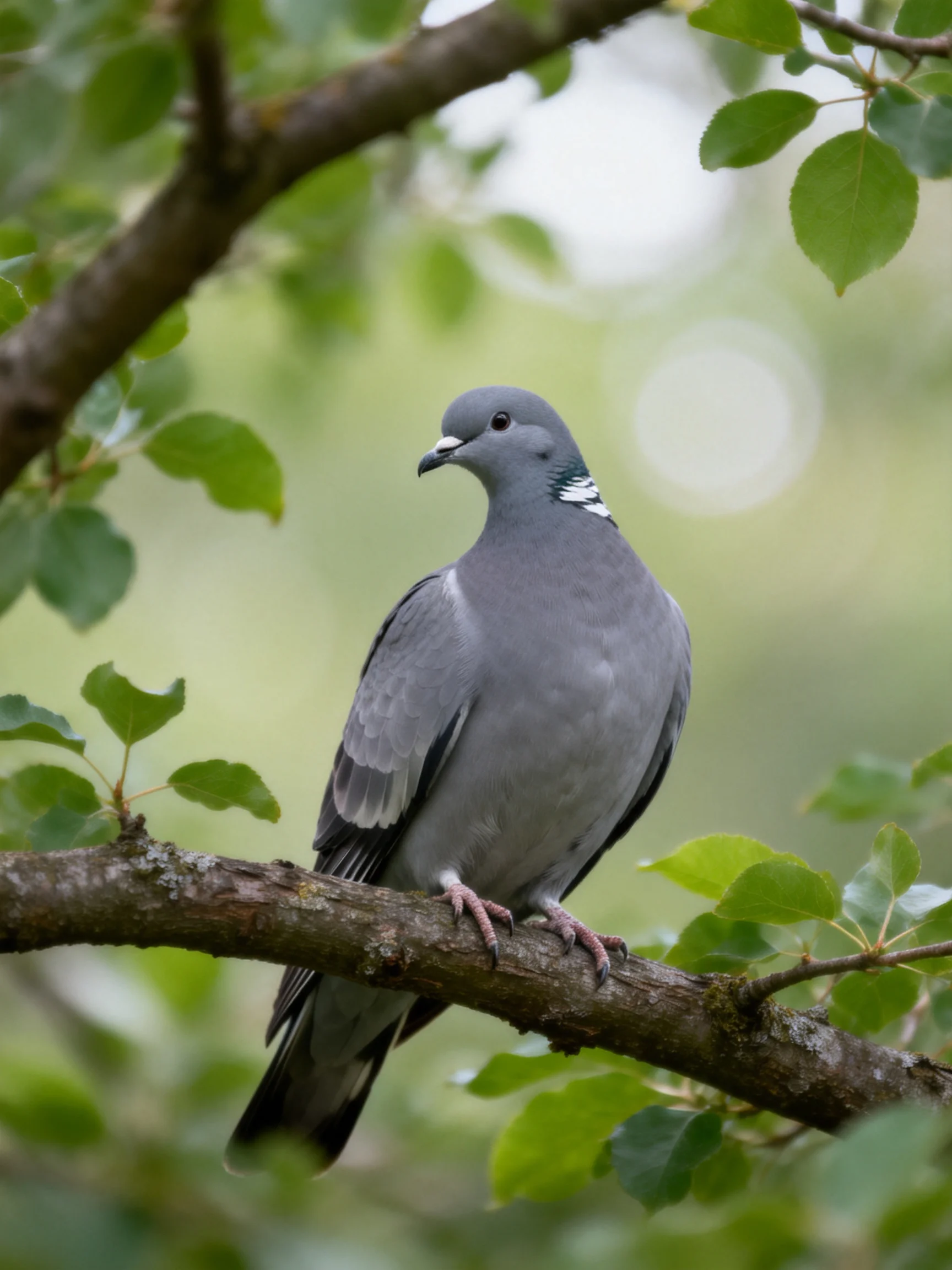 A gray pigeon sits on a tree branch surrounded by green leaves.