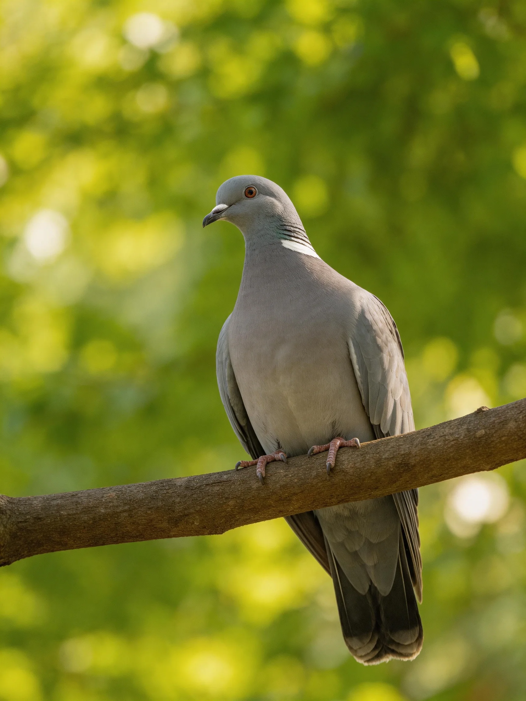 A gray pigeon sits on a tree branch surrounded by green foliage.