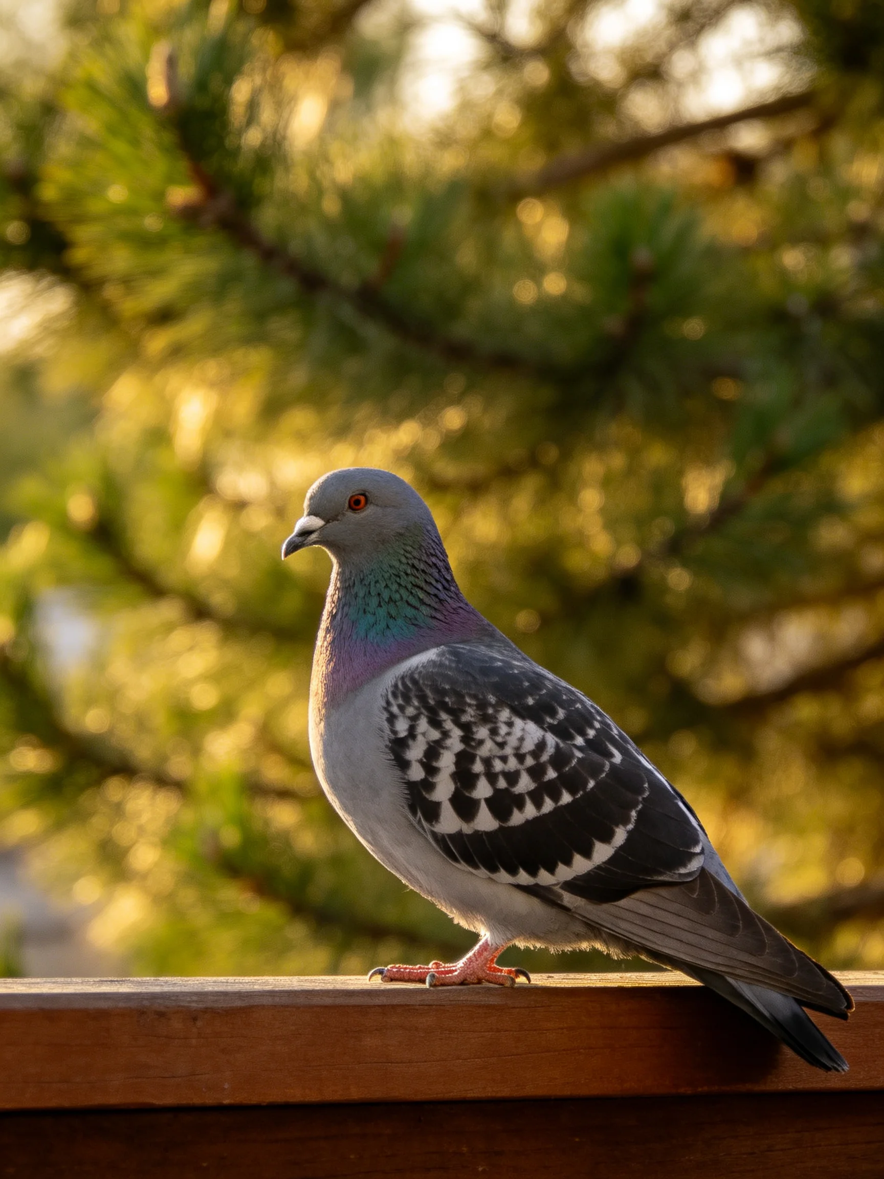A gray pigeon perched on a brown wooden railing amid green pine trees