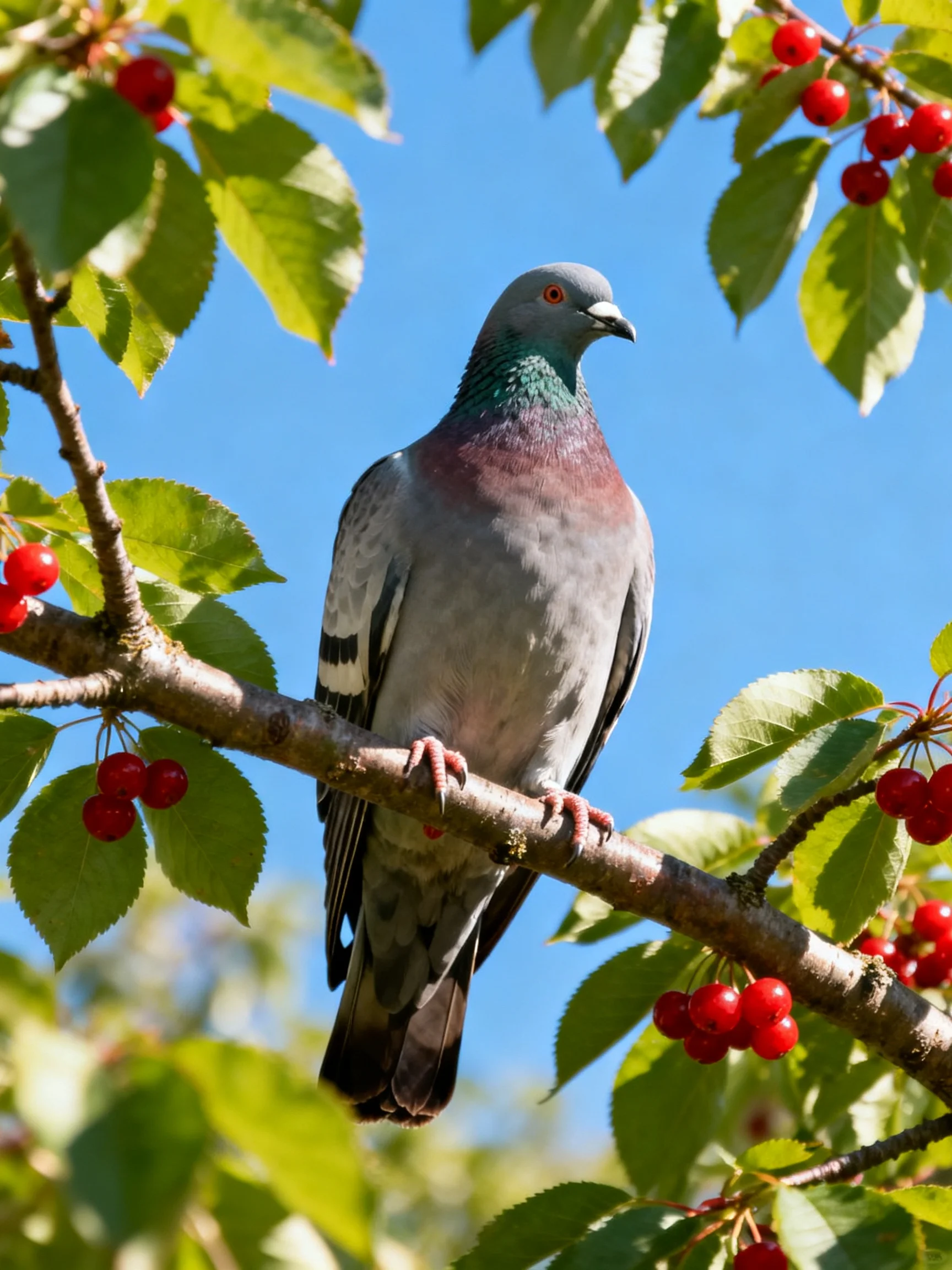 A gray pigeon perched on a cherry branch with vibrant red cherries