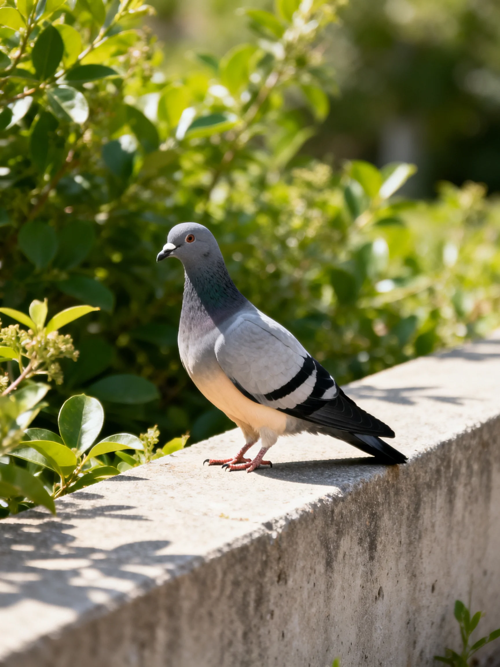 A gray pigeon perched on a concrete ledge amid green foliage