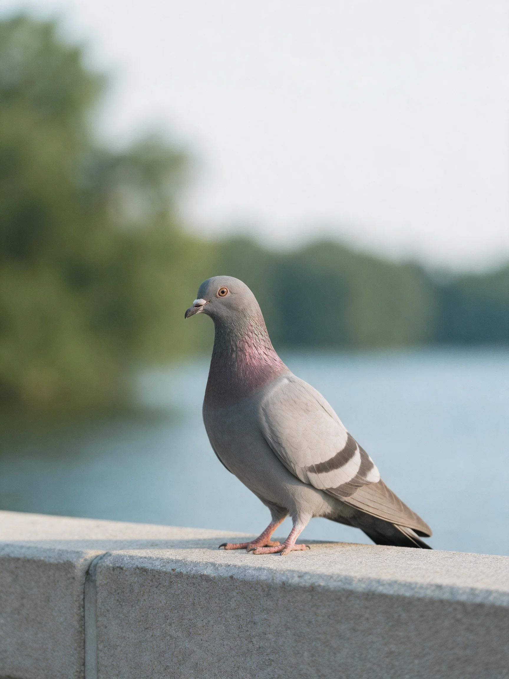 A gray pigeon perched on a concrete ledge by calm waters