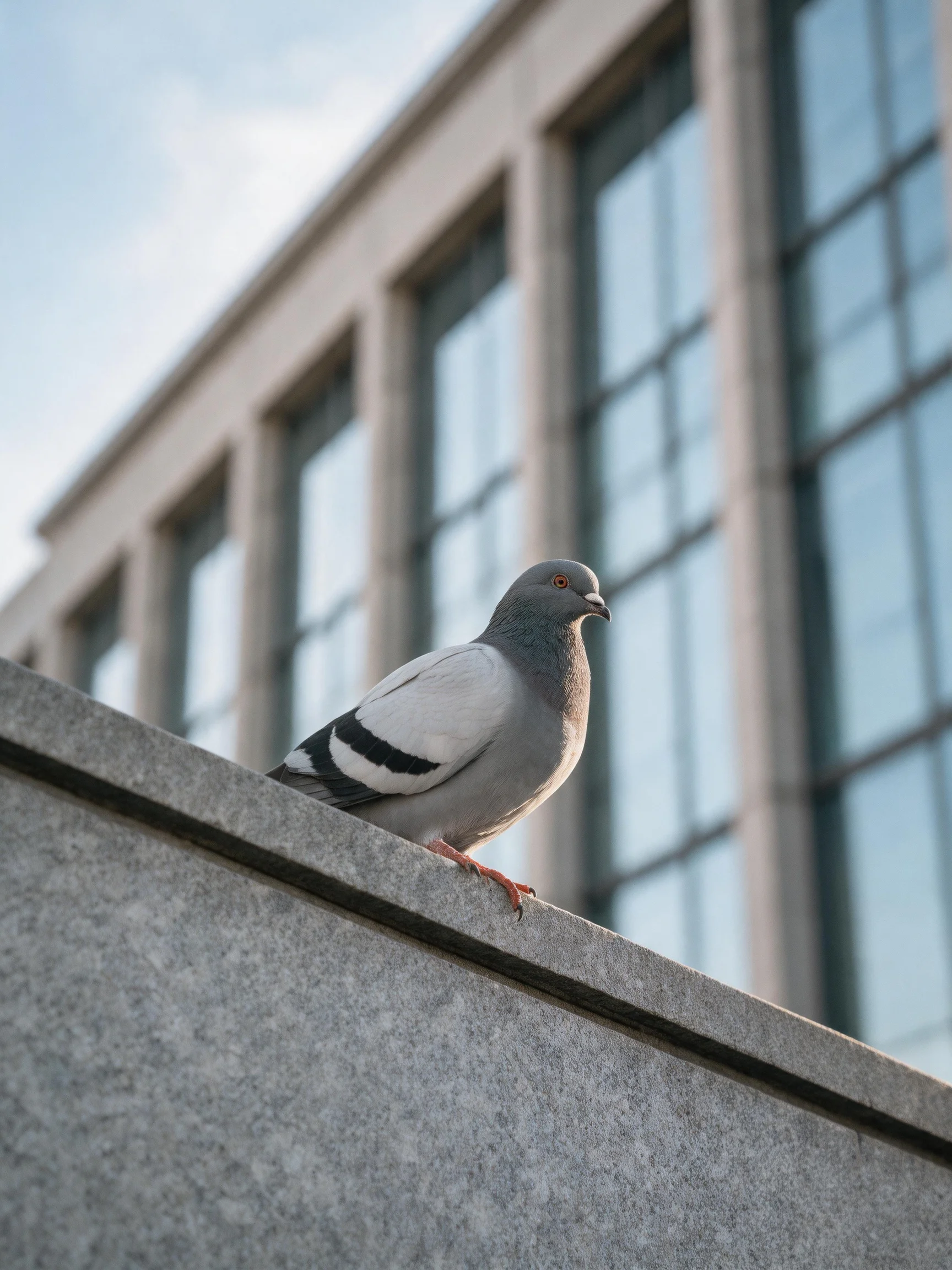 A gray pigeon perched on a concrete ledge near a modern glass building