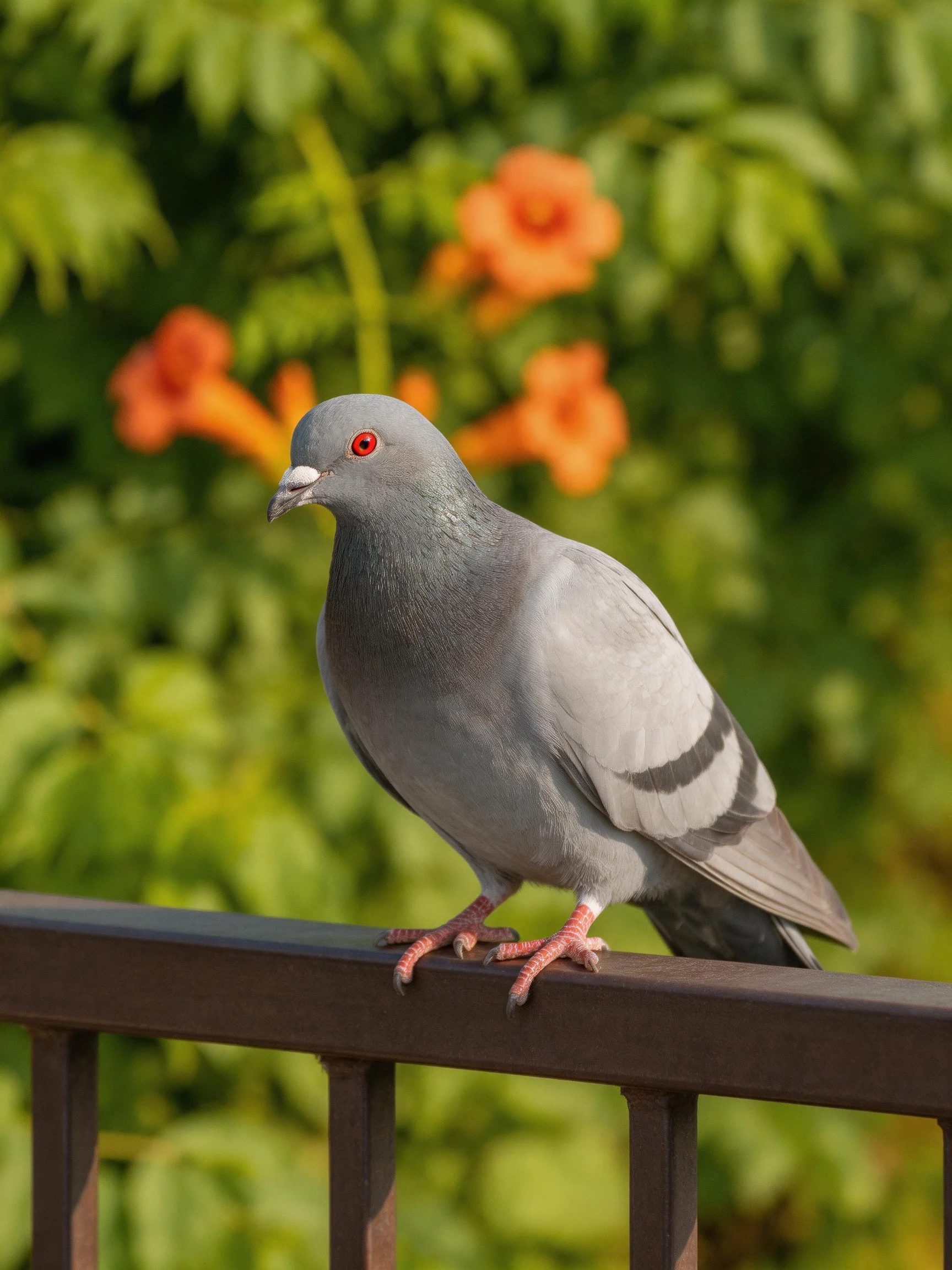 A gray pigeon perched on a dark metal railing near vibrant orange flowers