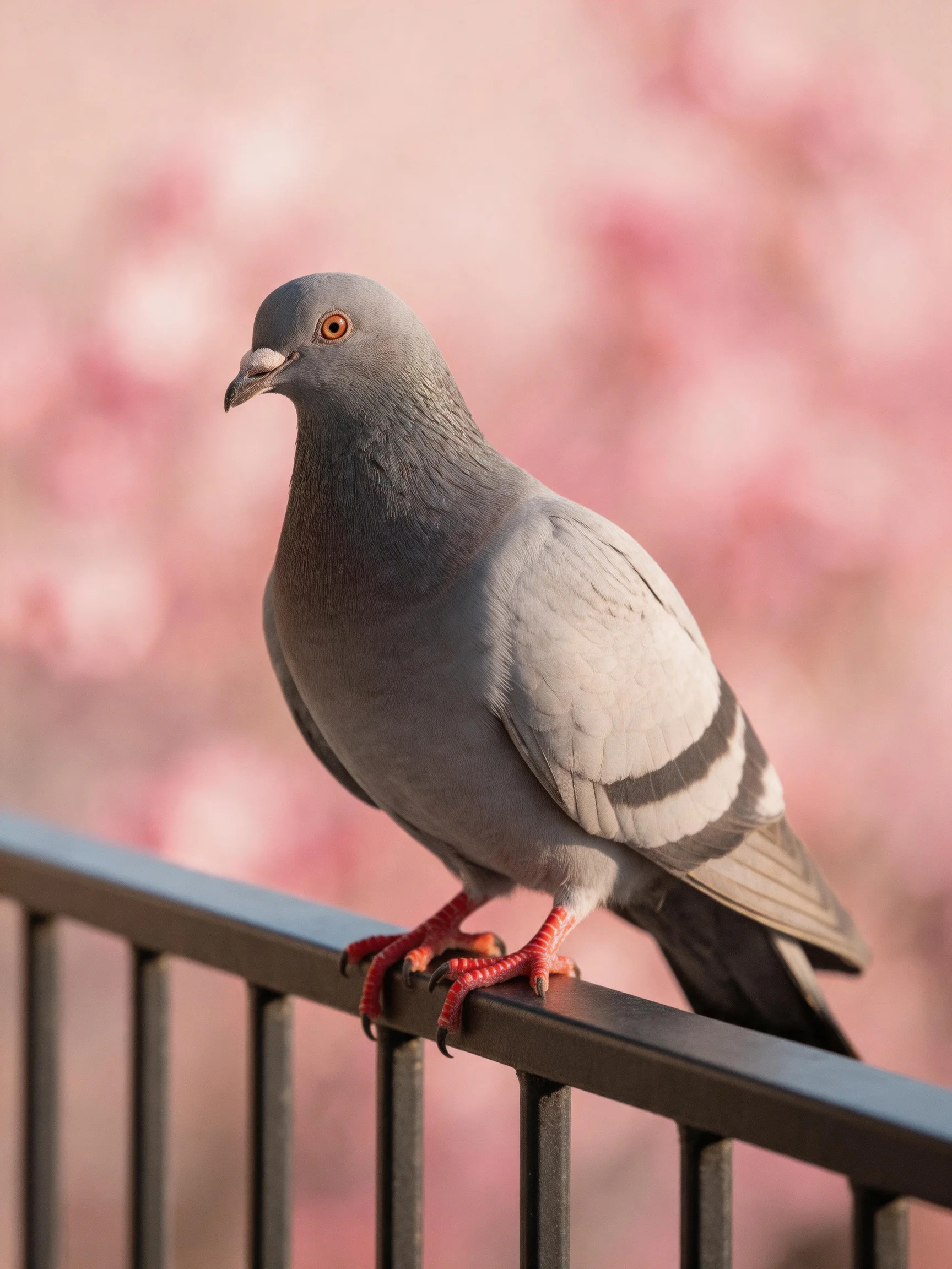 A gray pigeon perched on a dark metal railing with pink bokeh