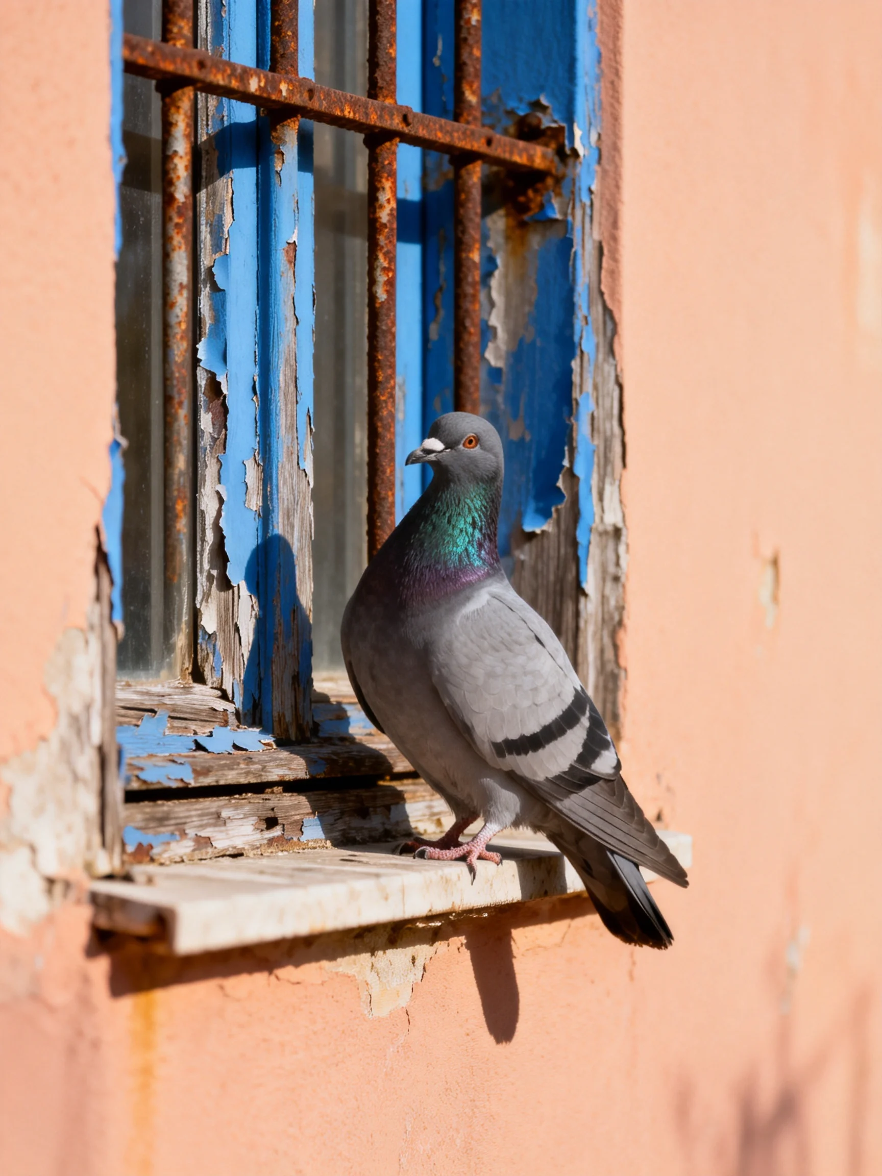 A gray pigeon rests near a weathered, peeling blue window with rusted bars.