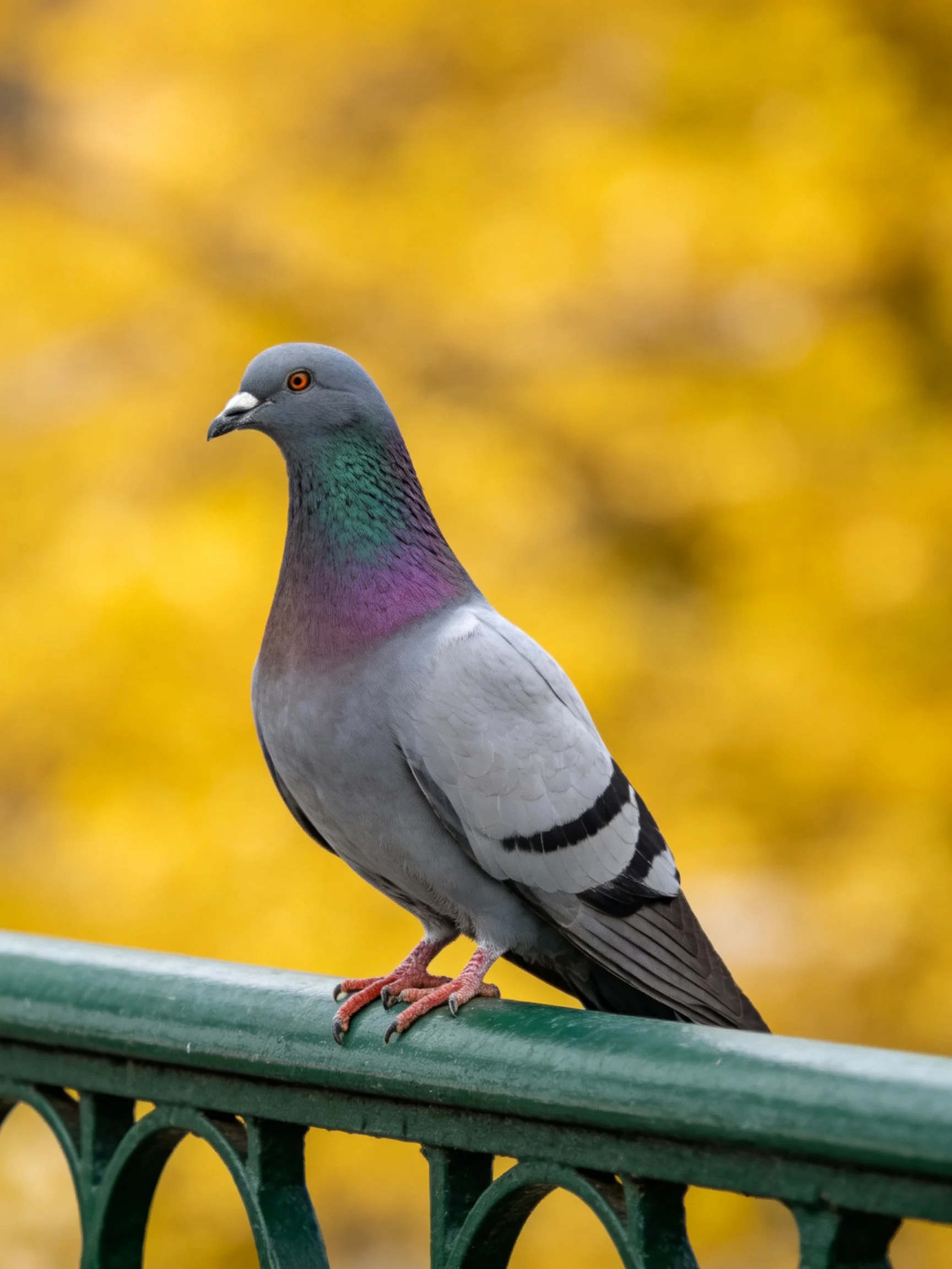 A gray pigeon perched on a green railing amid golden foliage