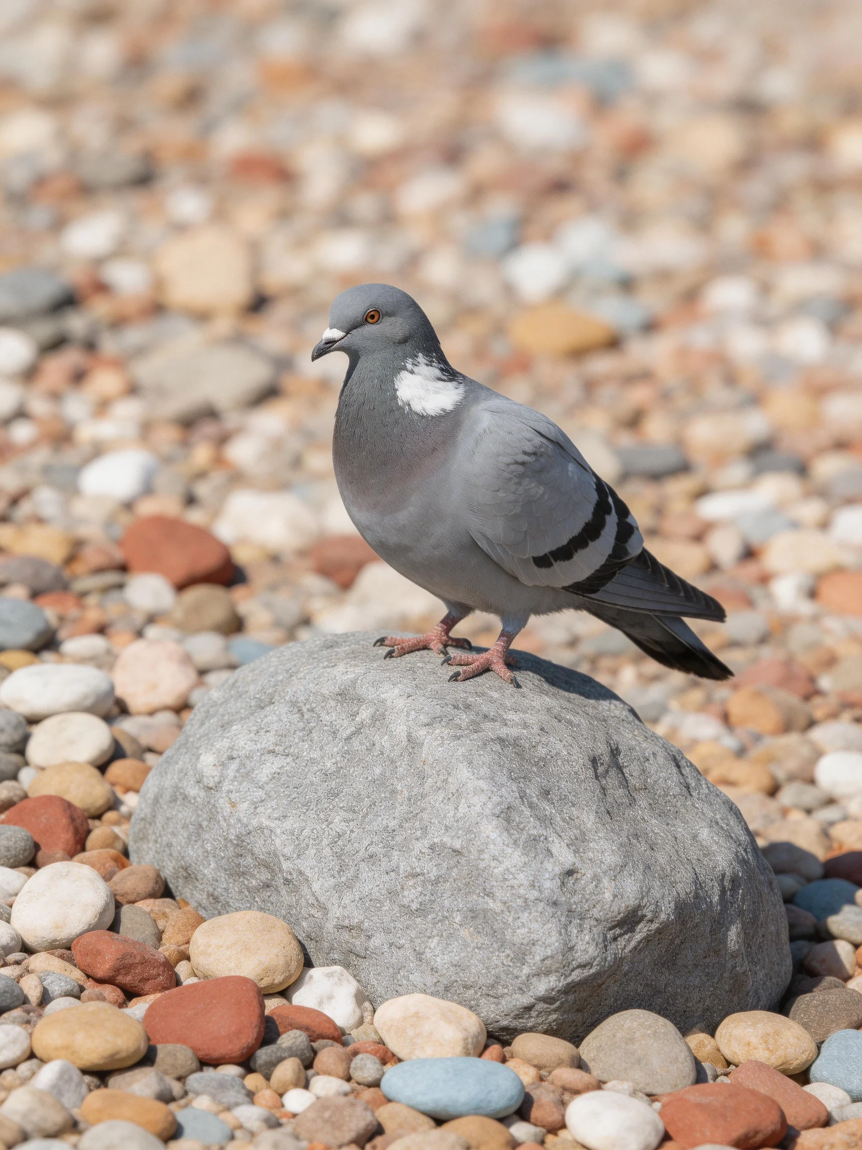 A gray pigeon perched on a large rock amid multicolored pebbles