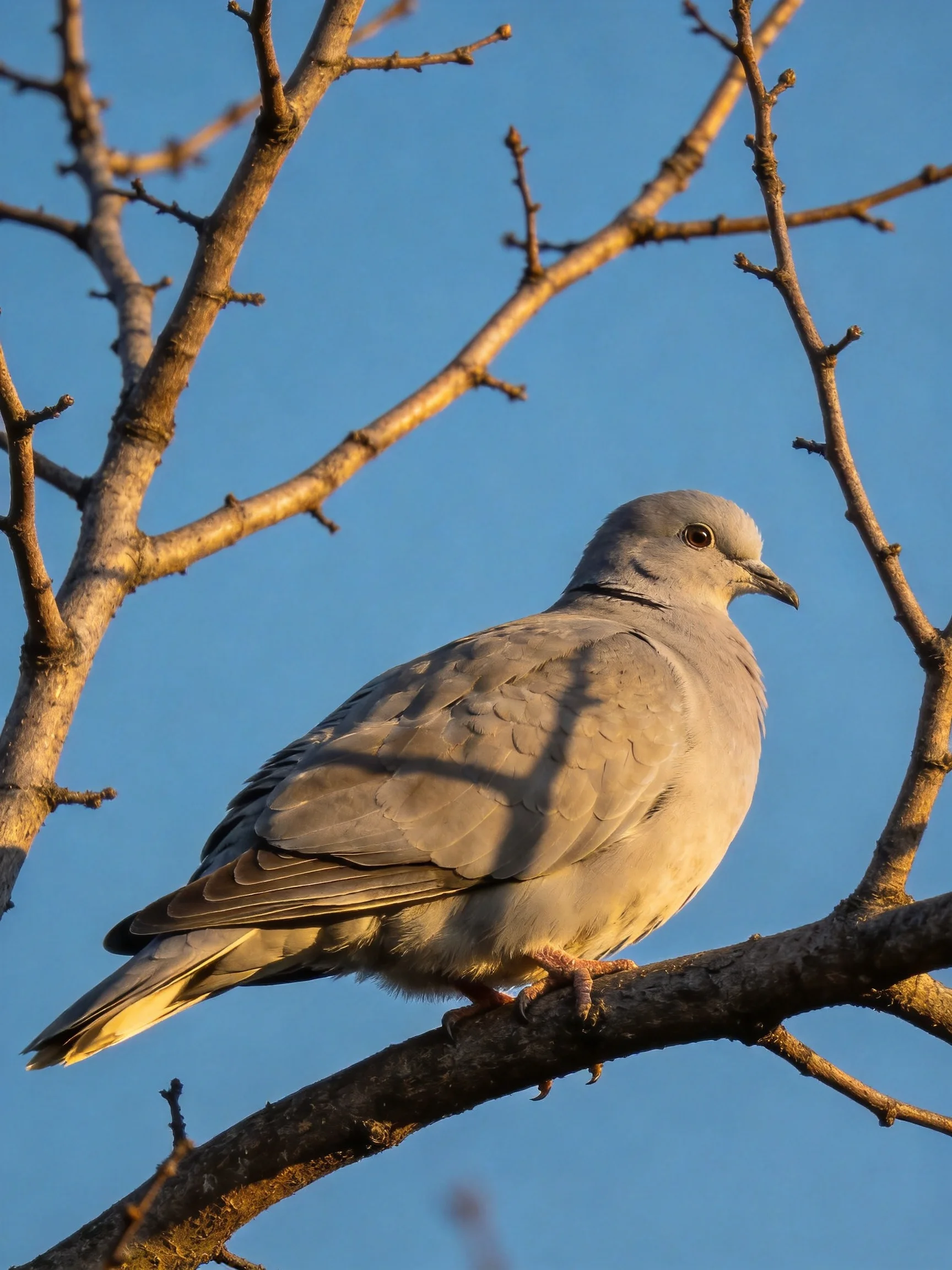A gray pigeon sits on a bare tree branch with a clear blue sky in the background.