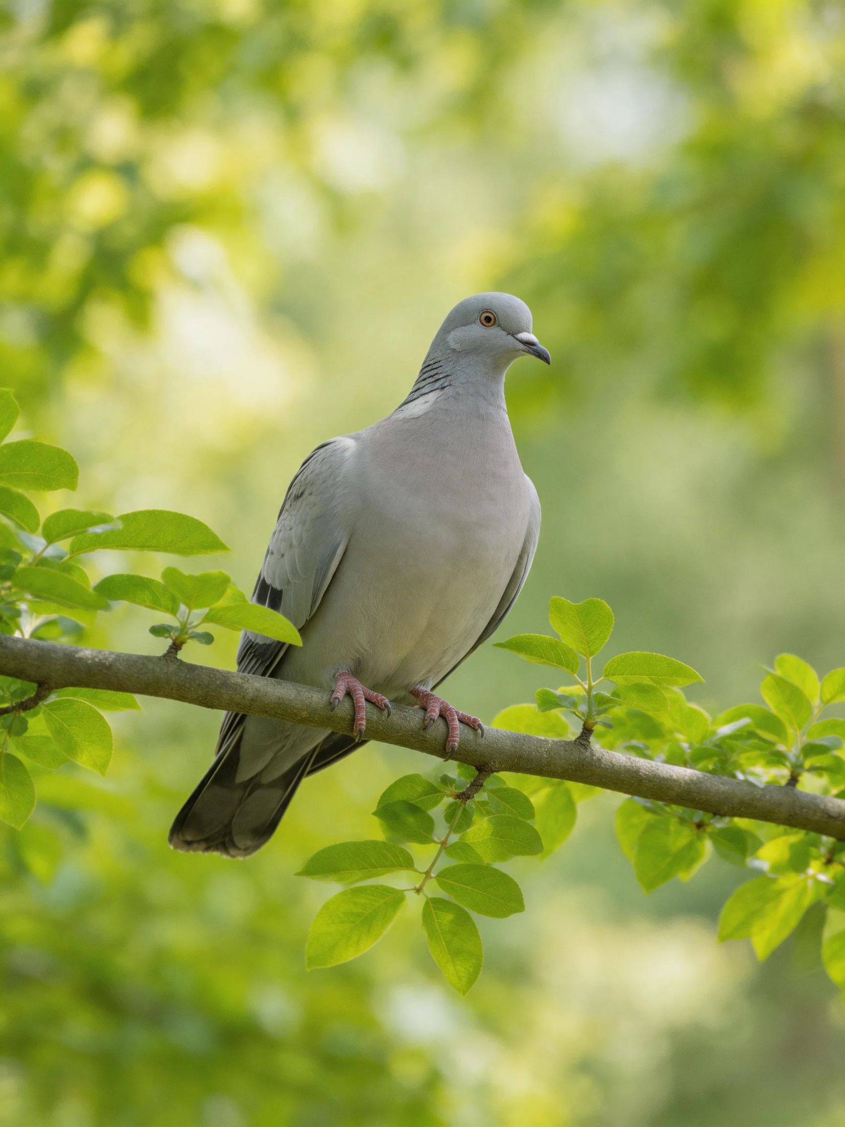A gray pigeon perched on a leafy tree branch