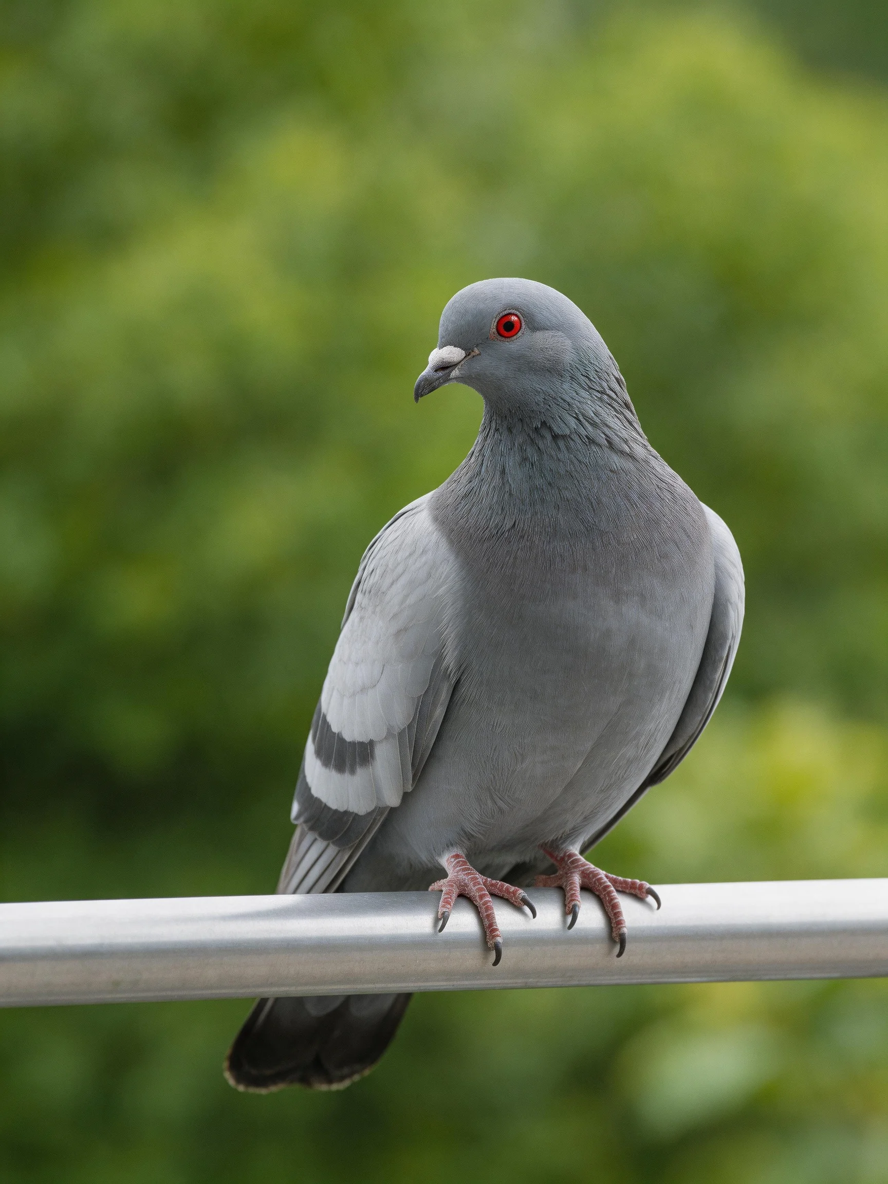 A gray pigeon perched on a metallic bar with lush green foliage