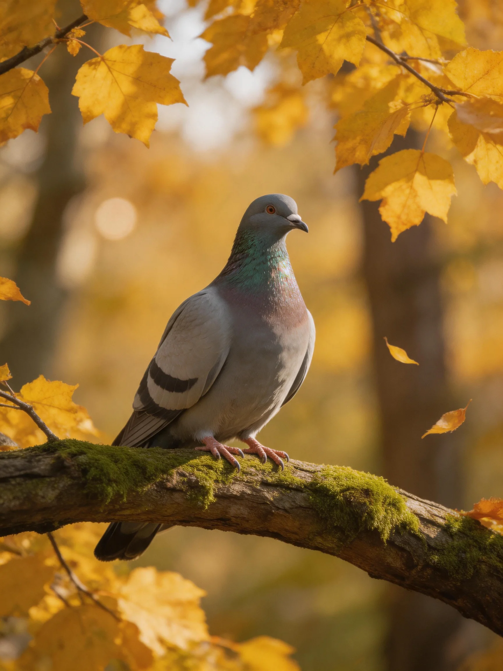 A gray pigeon perched on a moss-covered branch amid golden autumn leaves