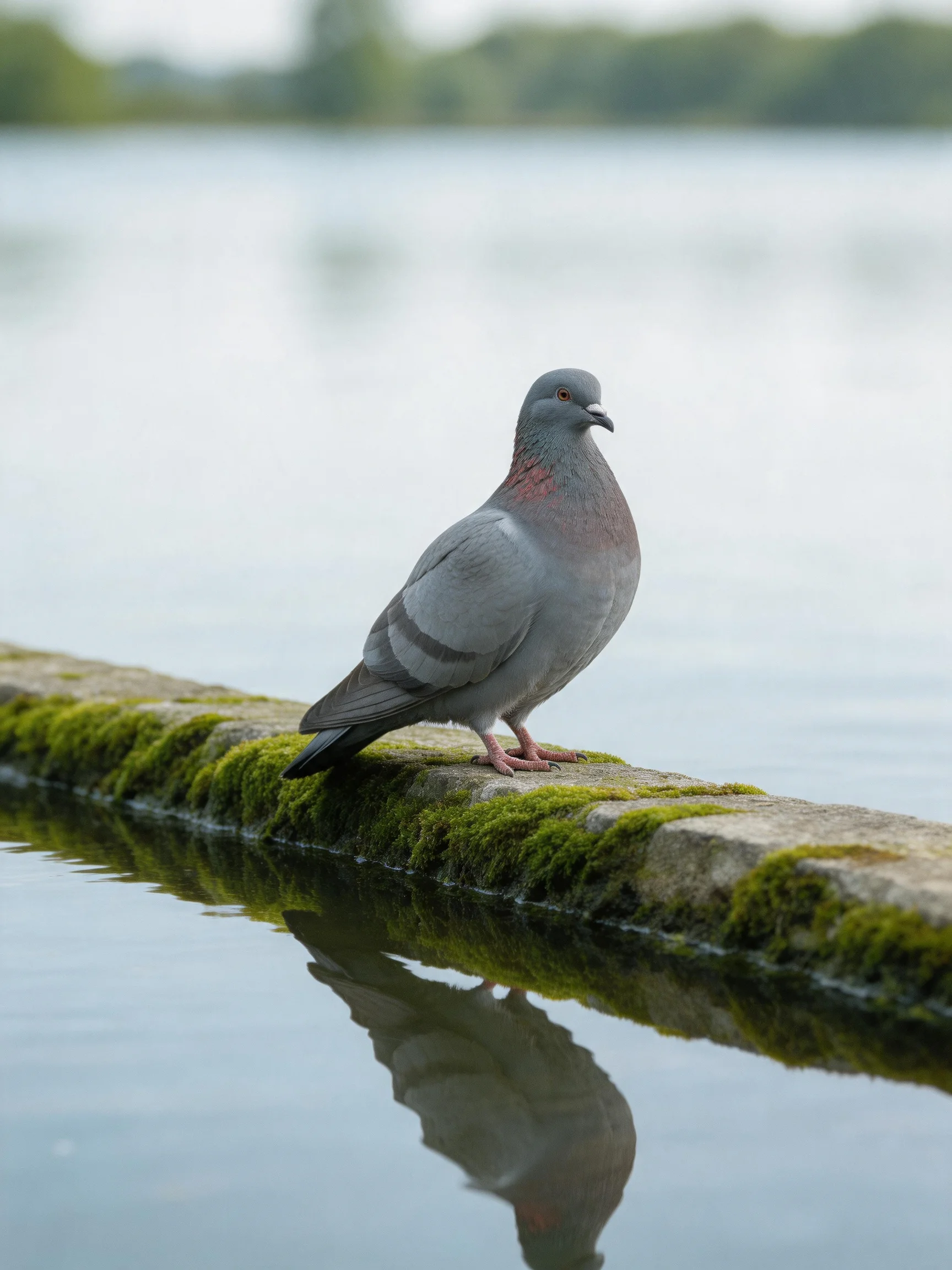 A gray pigeon perched on a moss-covered stone ledge by calm water