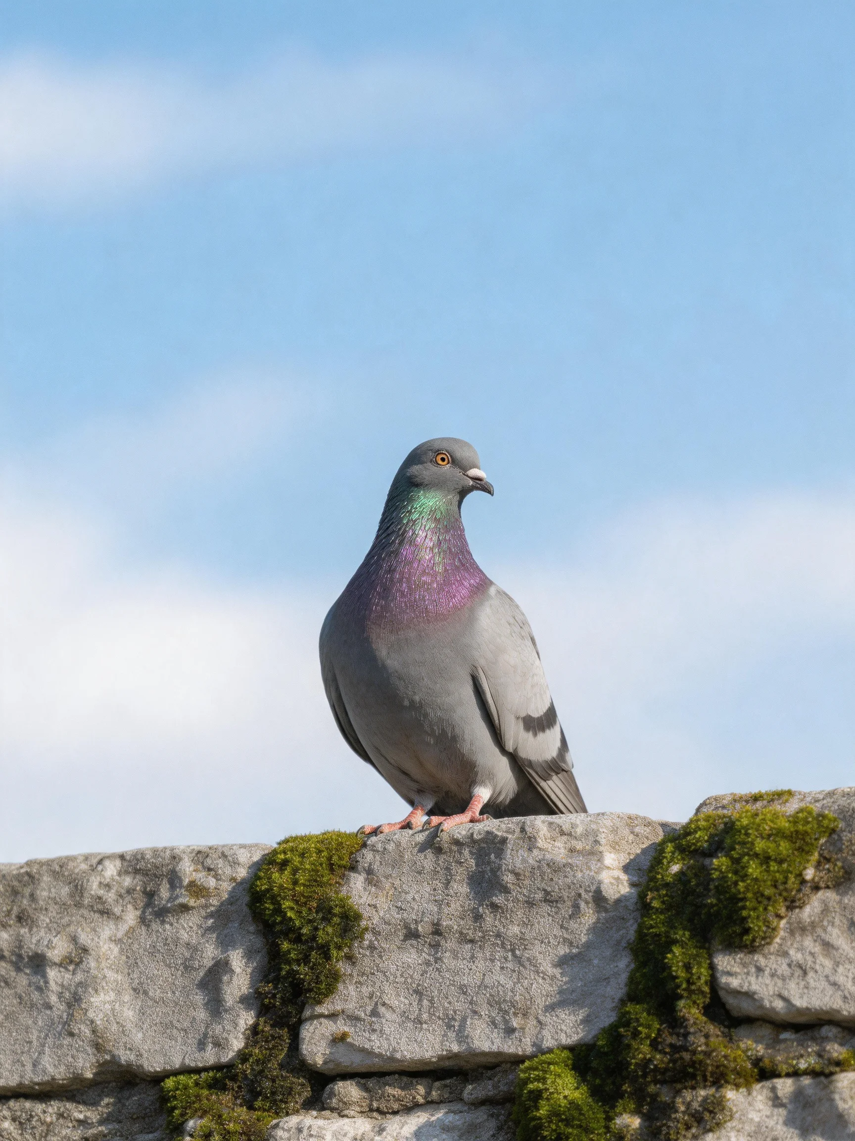 A gray pigeon perched on a moss-covered stone wall under a clear blue sky