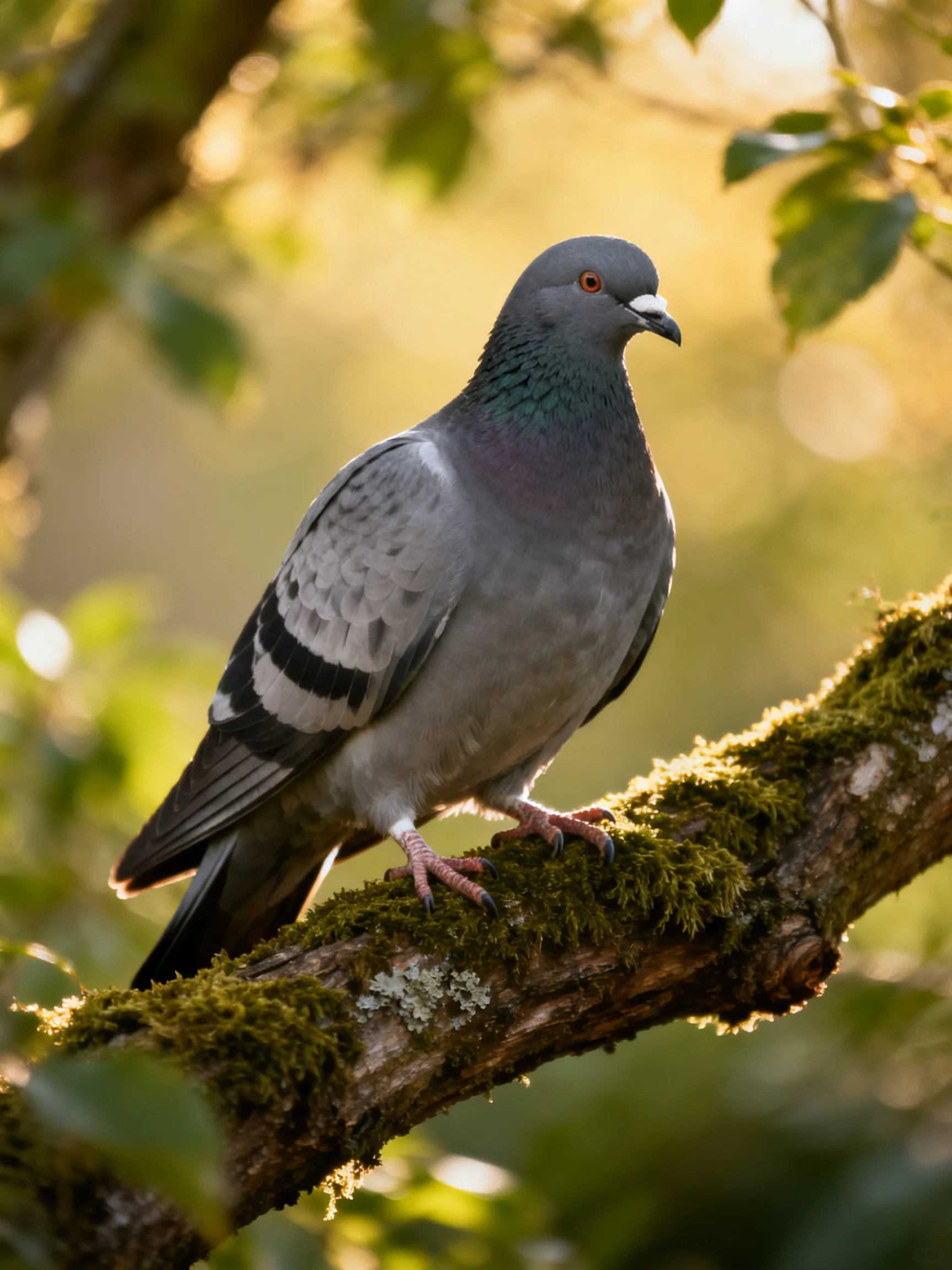 A gray pigeon perched on a moss-covered tree branch