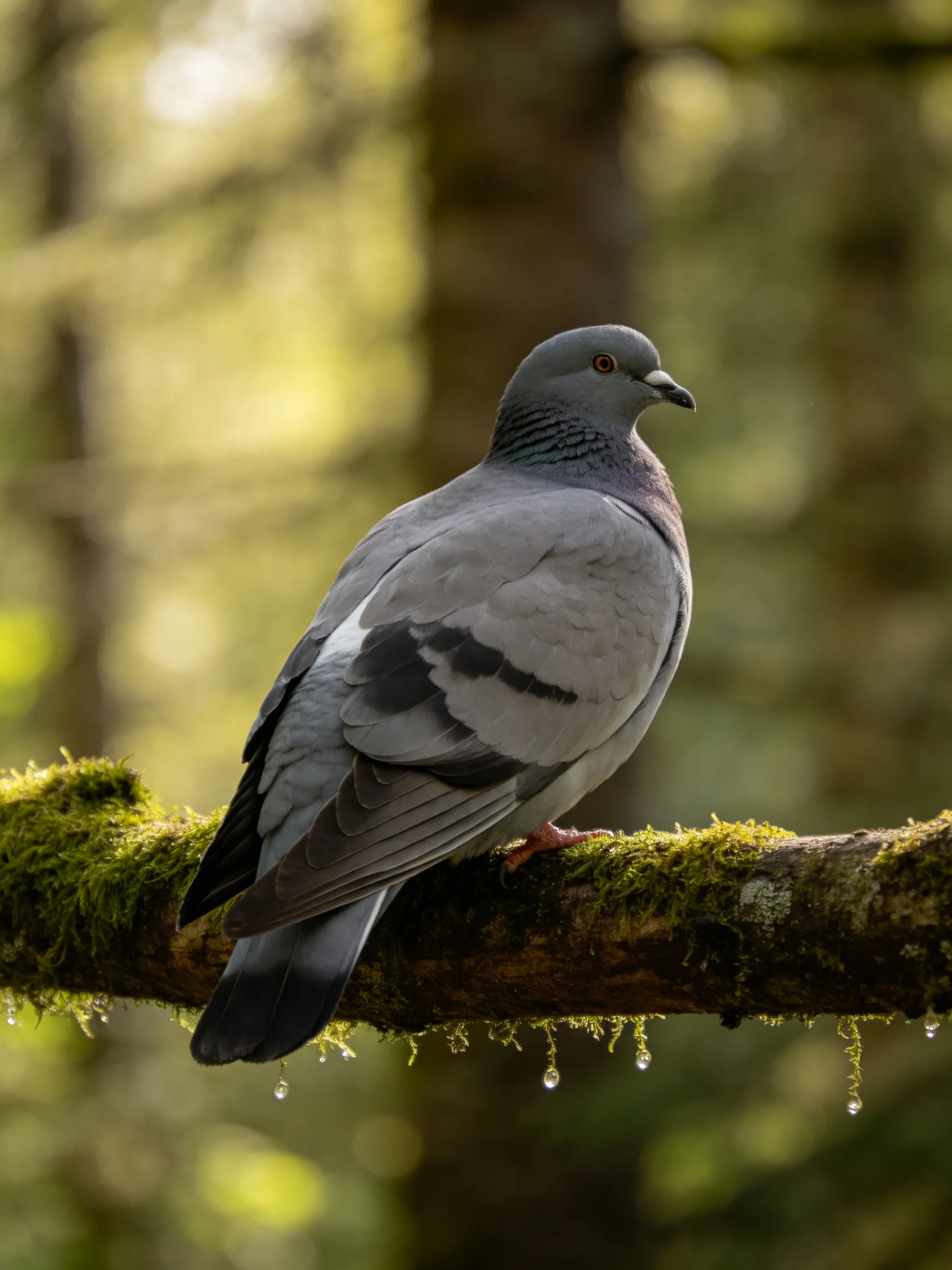 A gray pigeon perched on a moss-draped tree branch in a sunlit forest