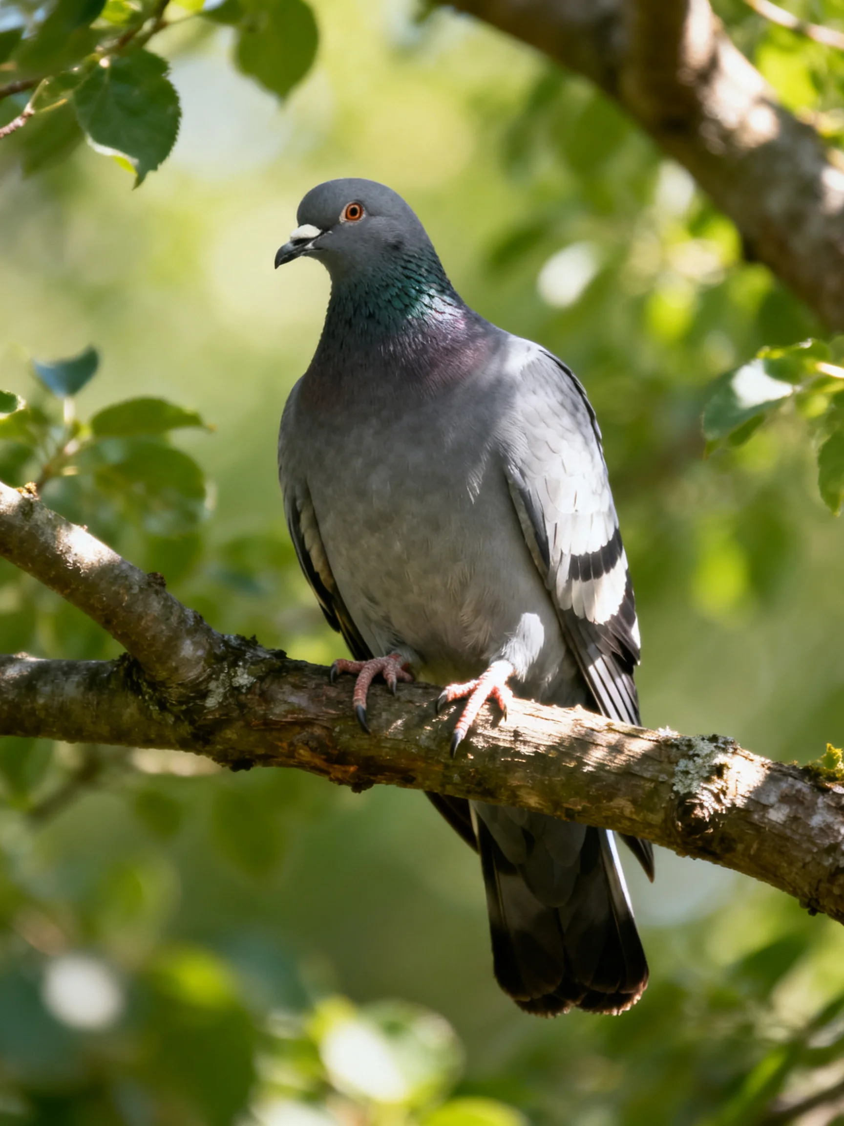 A gray pigeon perched on a mossy tree branch