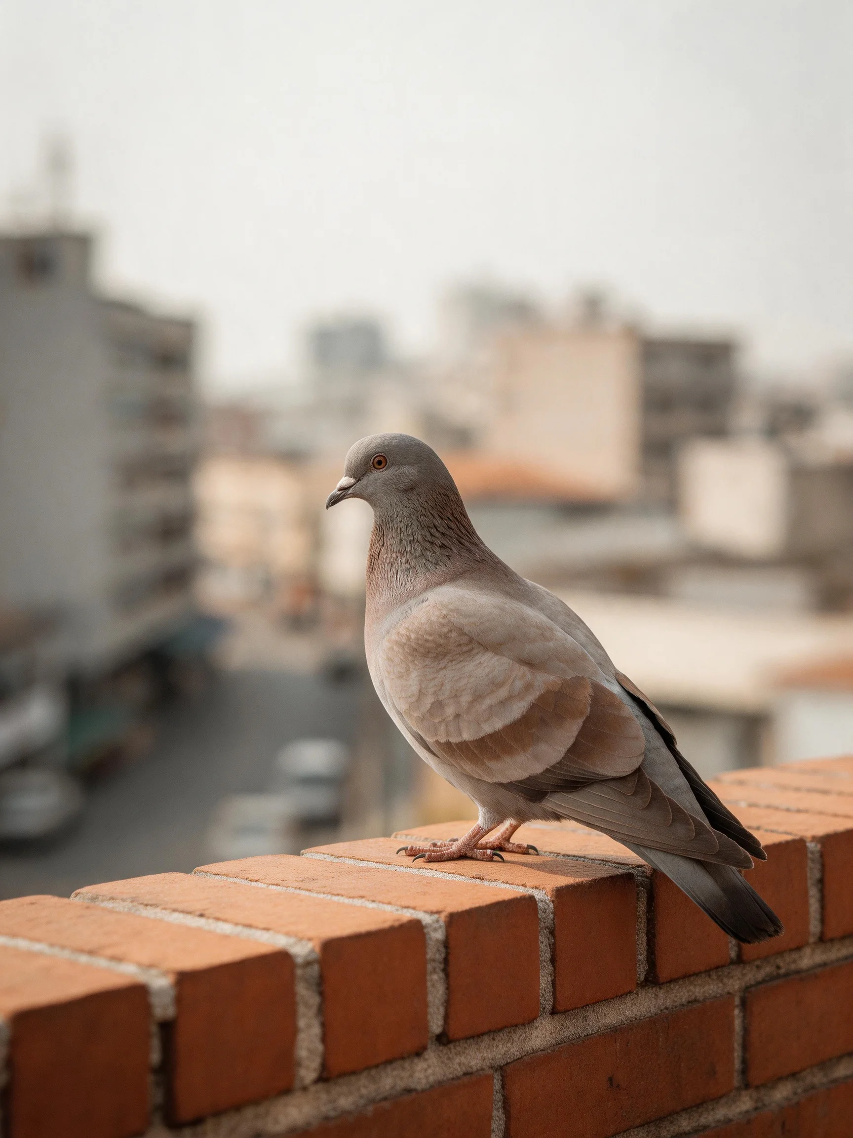 A gray pigeon perched on a reddish-brown brick wall overlooking city buildings