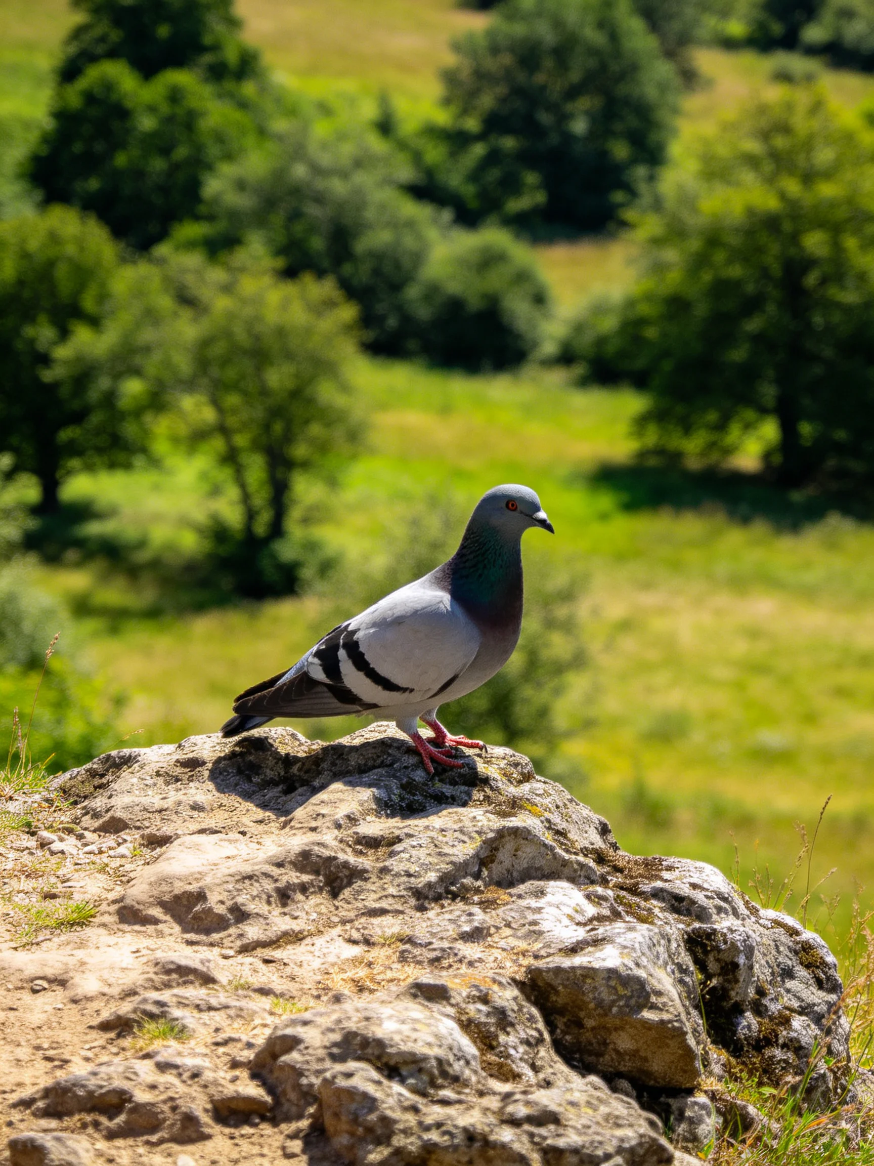 A gray pigeon perched on a rugged stone outcrop amid verdant greenery