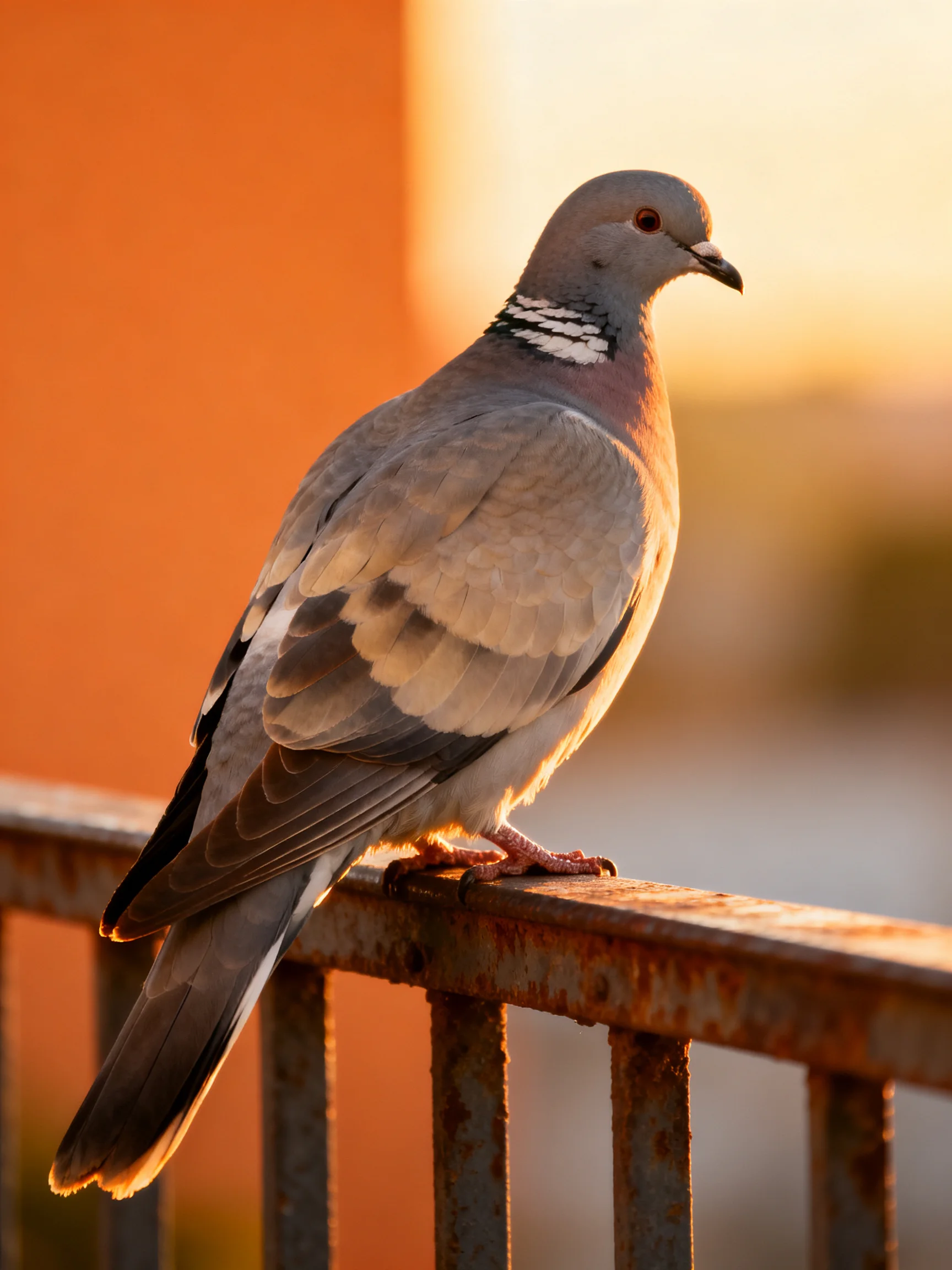 A gray pigeon perched on a rusted metal railing during golden hour
