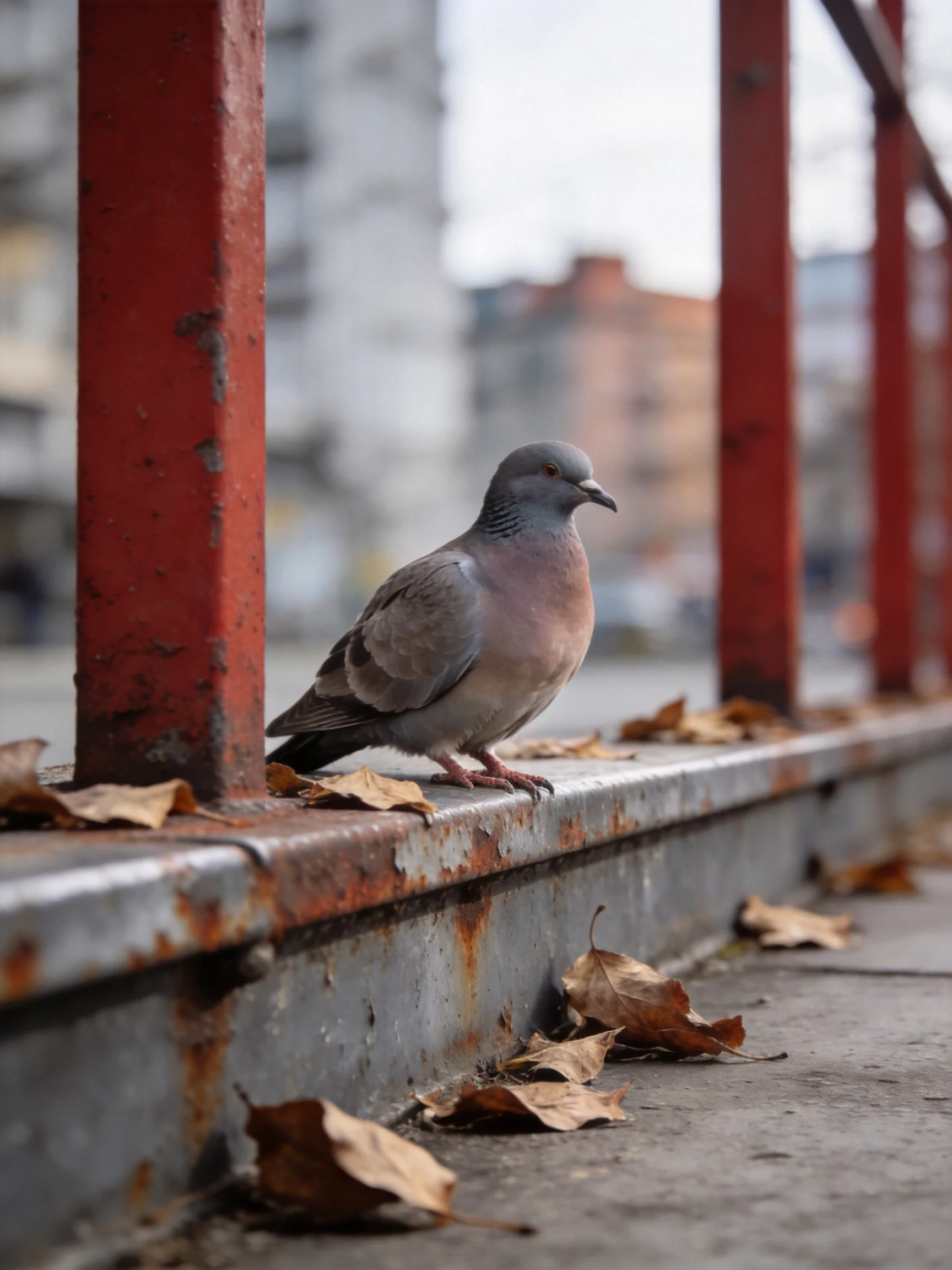 A gray pigeon perched on a rusted red railing with scattered brown leaves