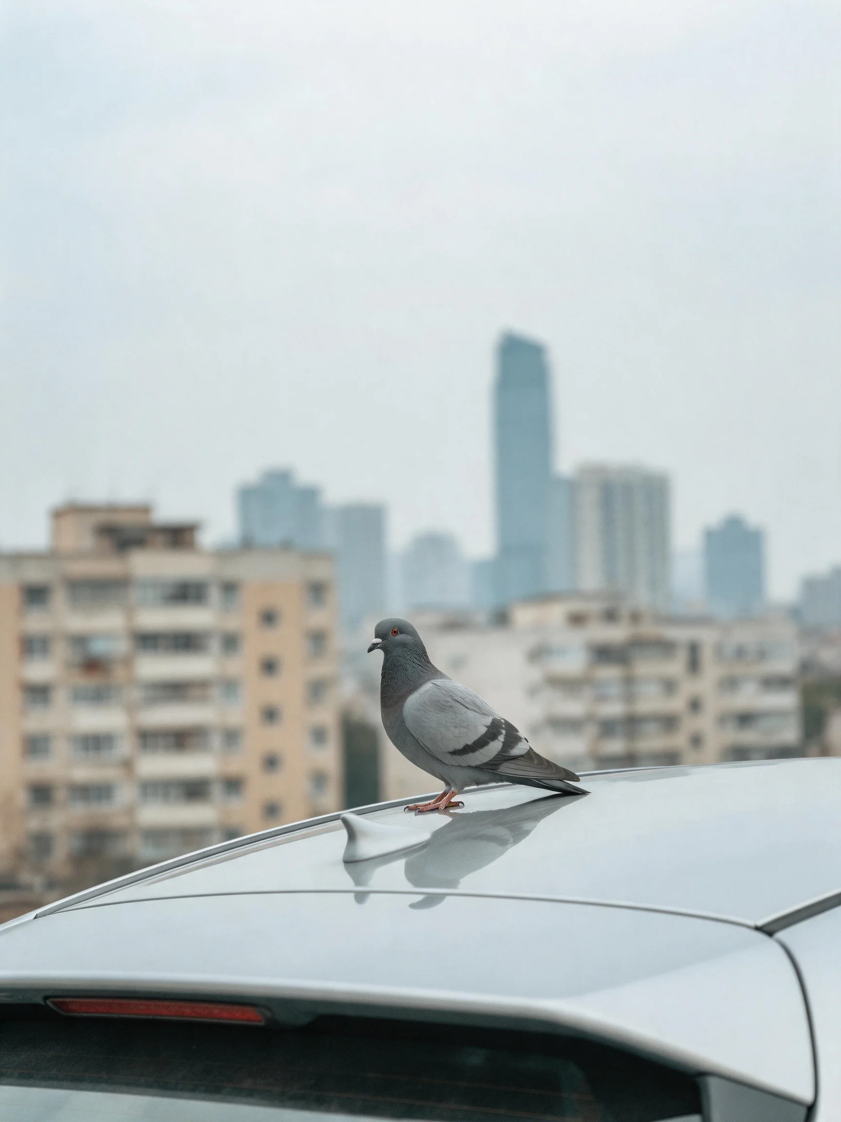 A gray pigeon perched on a silver car roof with urban skyline
