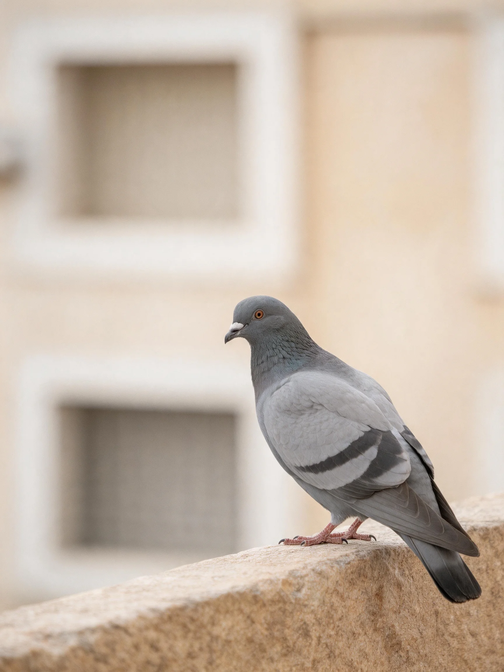 A gray pigeon perched on a stone ledge near beige buildings