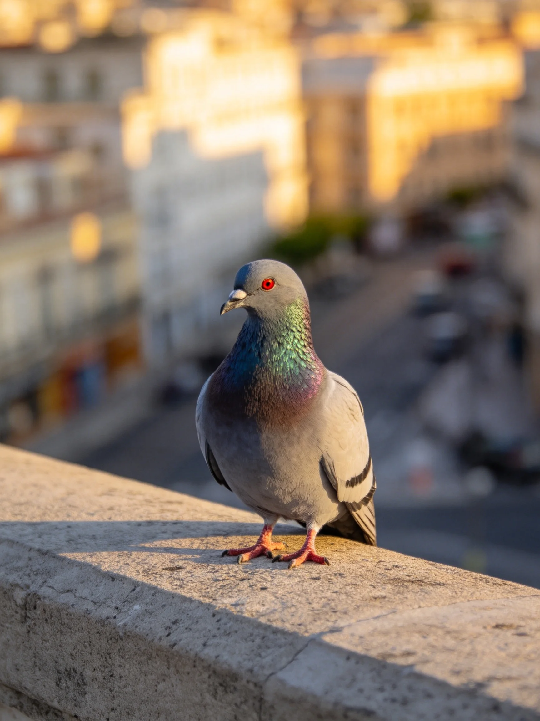 A gray pigeon perched on a stone ledge with golden city buildings