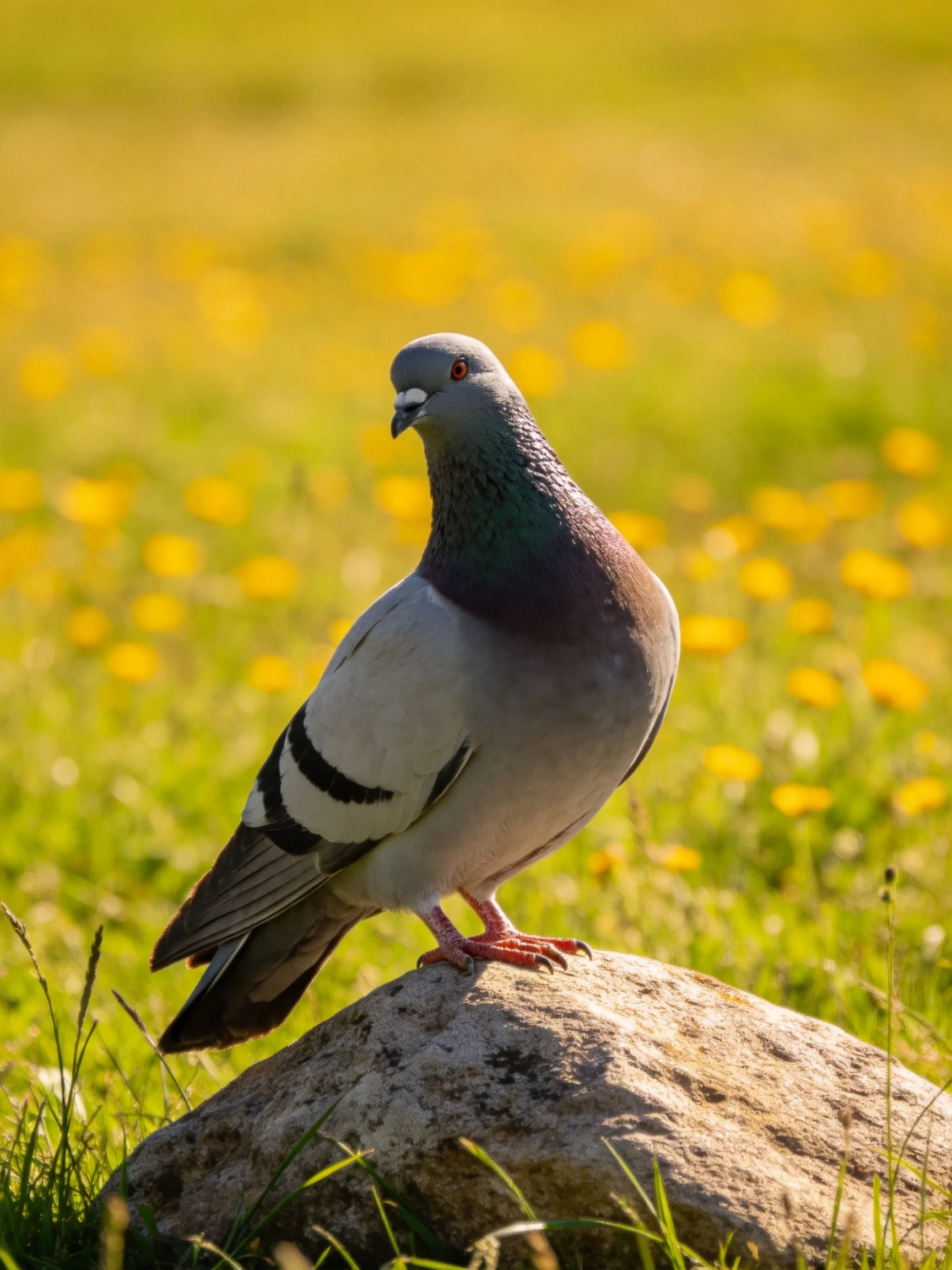 A gray pigeon sits on a rock among yellow flowers
