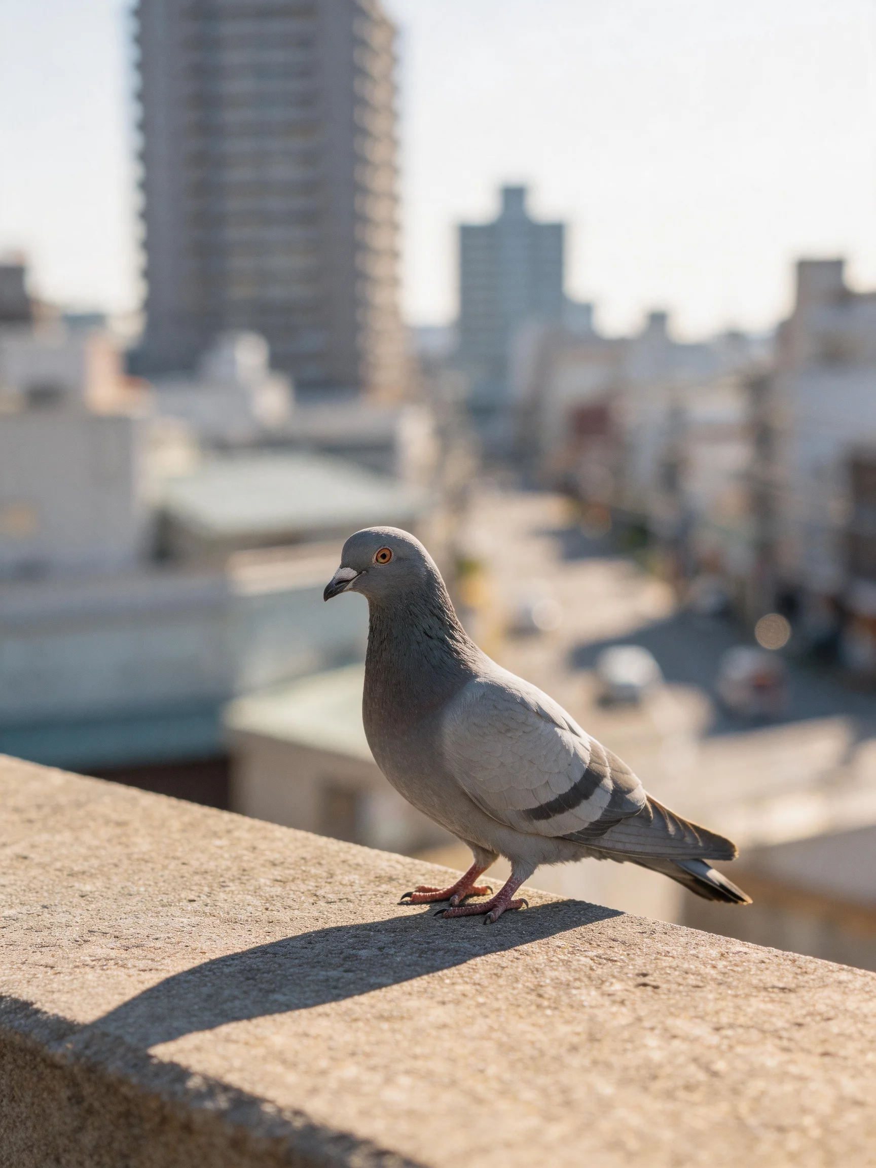 A gray pigeon perched on a textured concrete ledge amid urban buildings