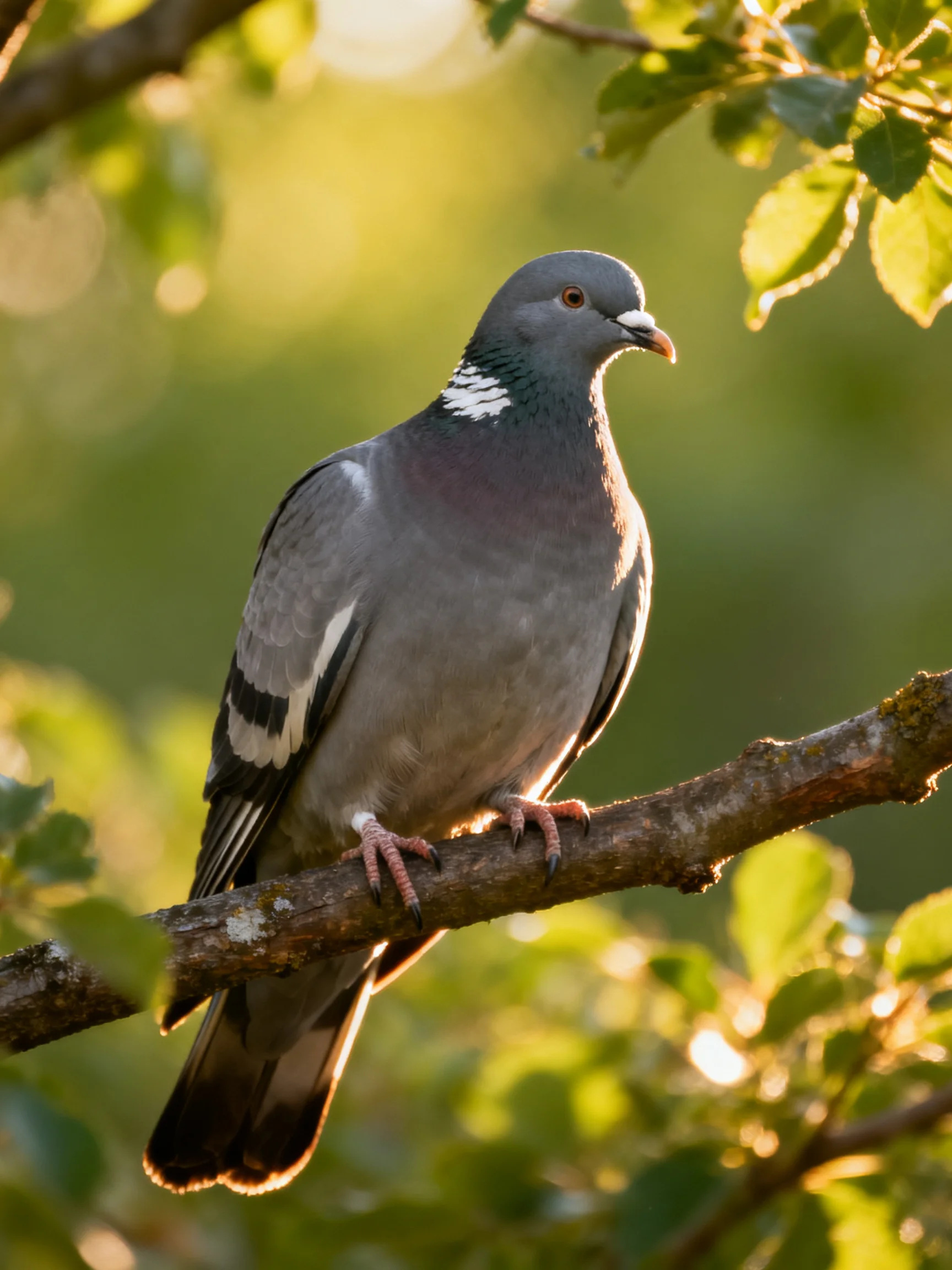 A gray pigeon perched on a textured tree branch with green foliage