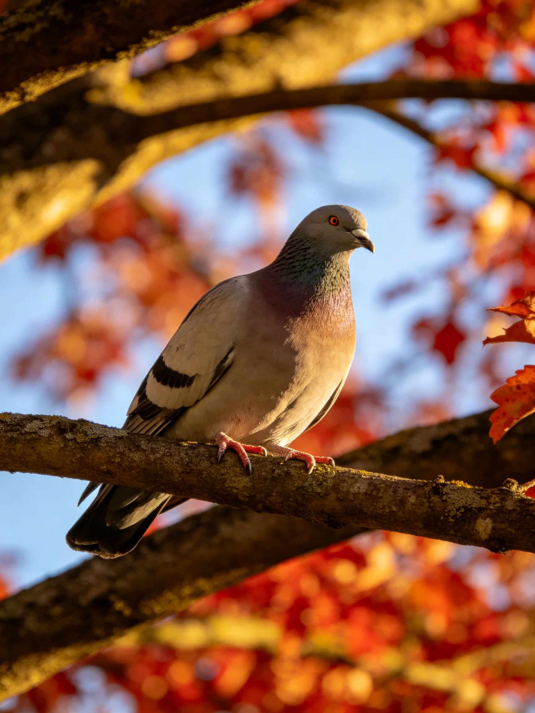 A gray pigeon perched on a tree branch amid colorful autumn leaves