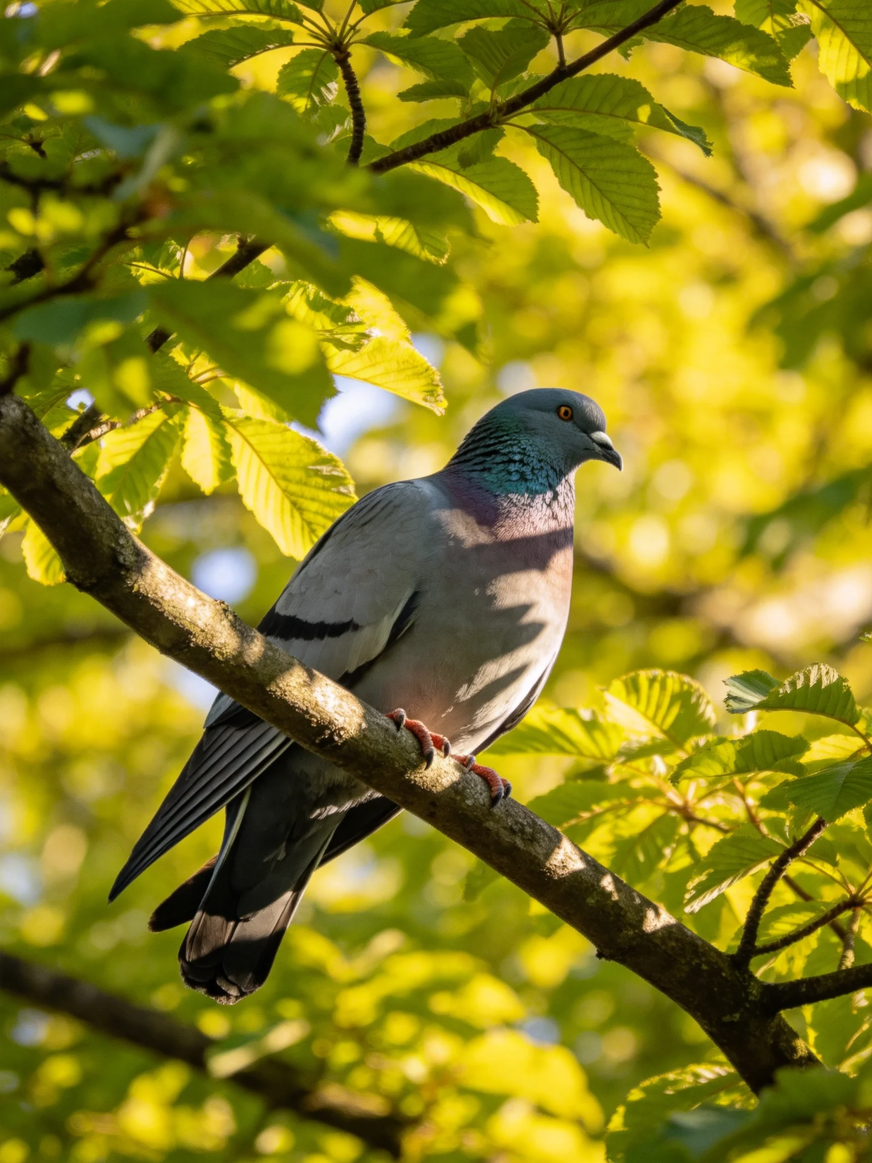 A gray pigeon perched on a tree branch amid golden-green foliage