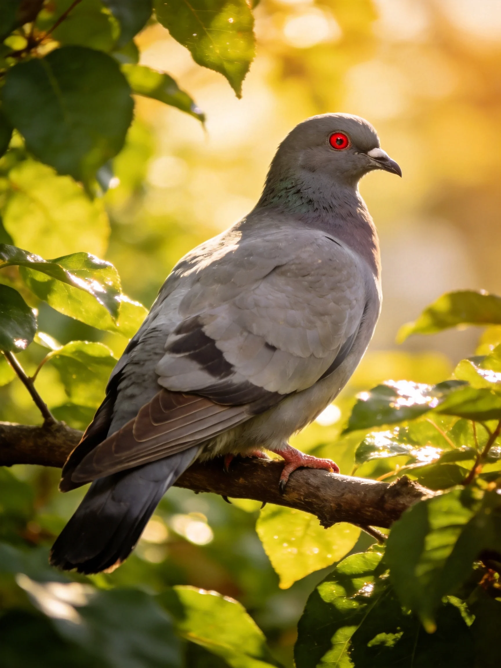 A gray pigeon perched on a tree branch amid green foliage