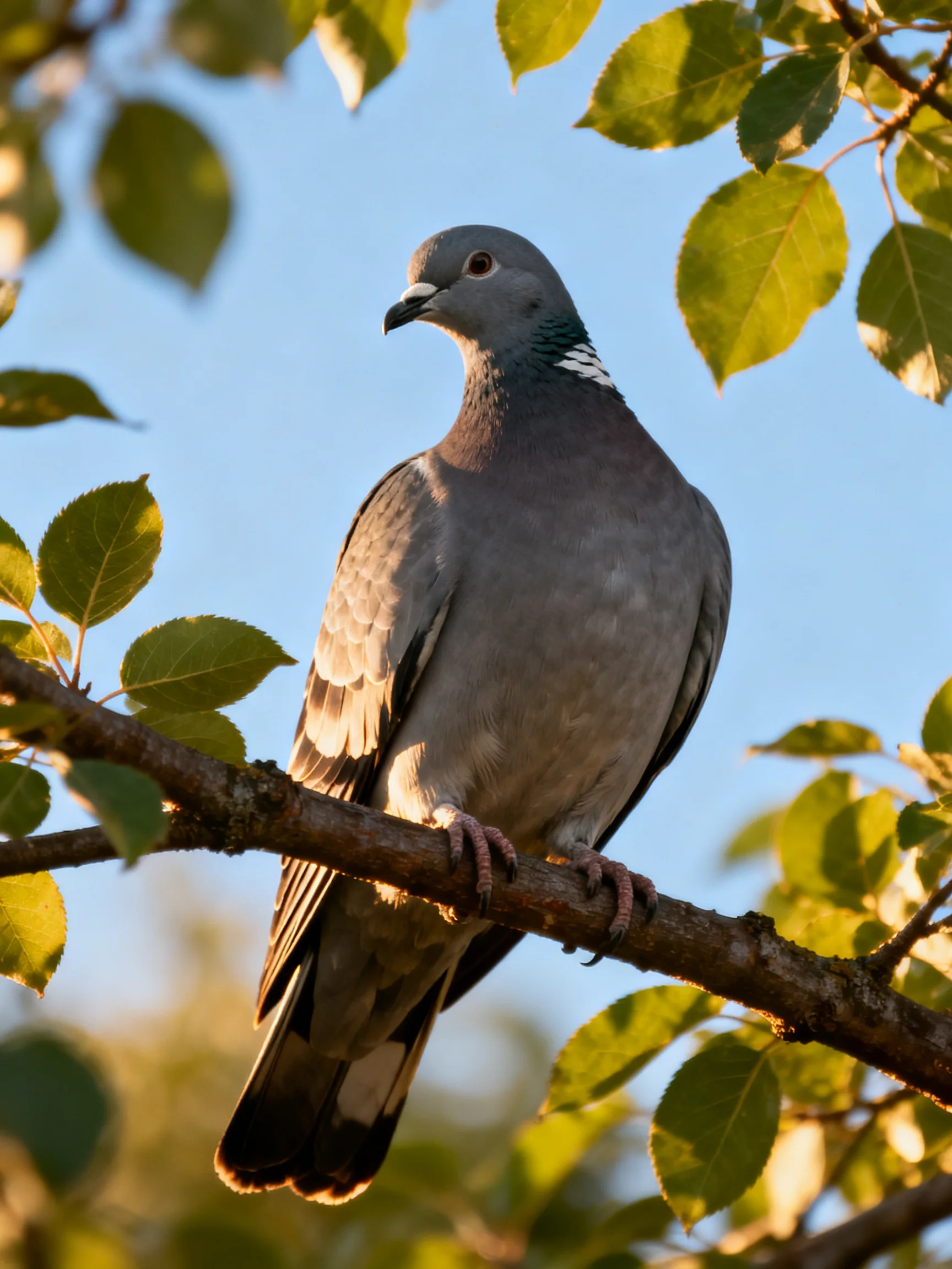 A gray pigeon perched on a tree branch amid green foliage