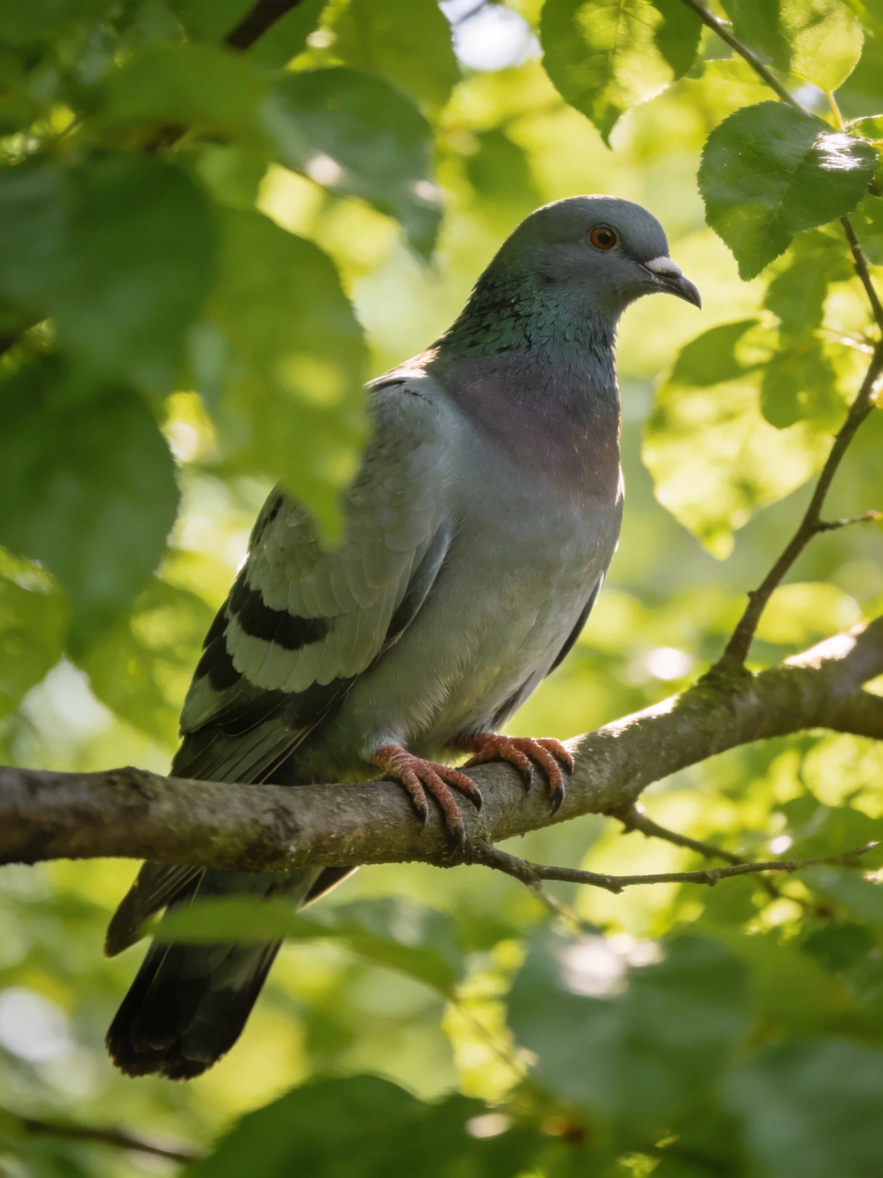 A gray pigeon perched on a tree branch amid lush green foliage