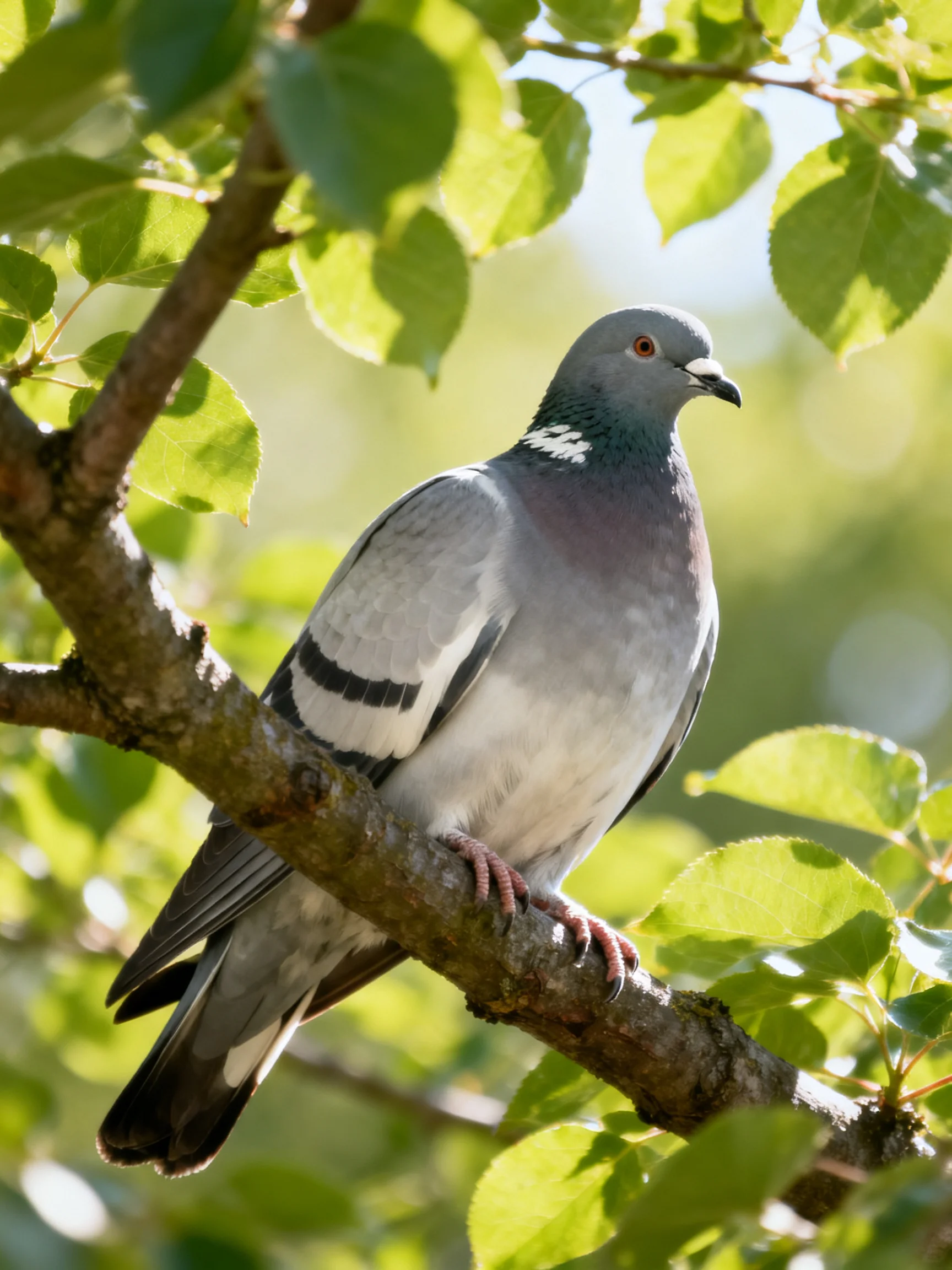 A gray pigeon perched on a tree branch amid lush green foliage