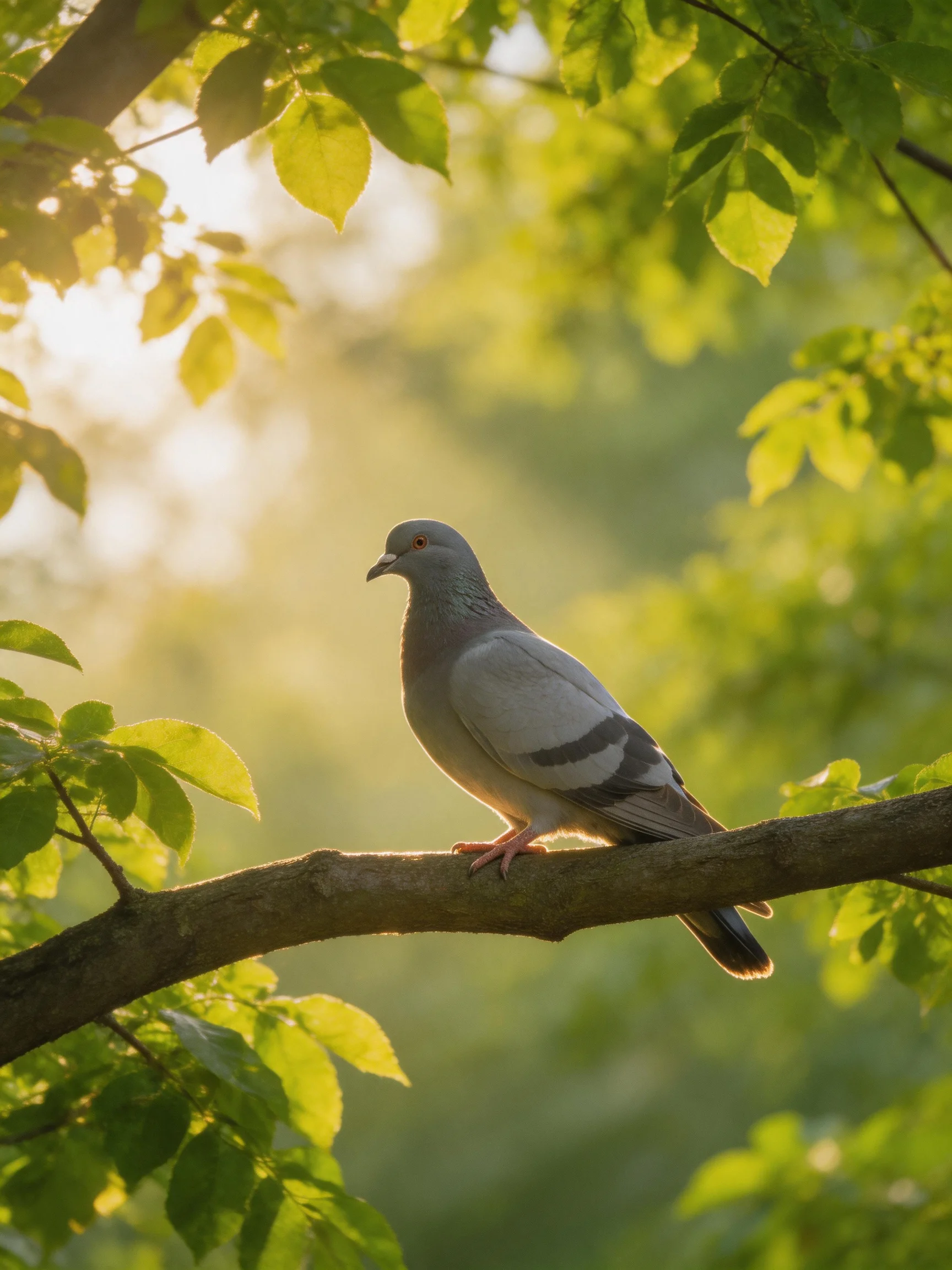 A gray pigeon perched on a tree branch amid lush green foliage