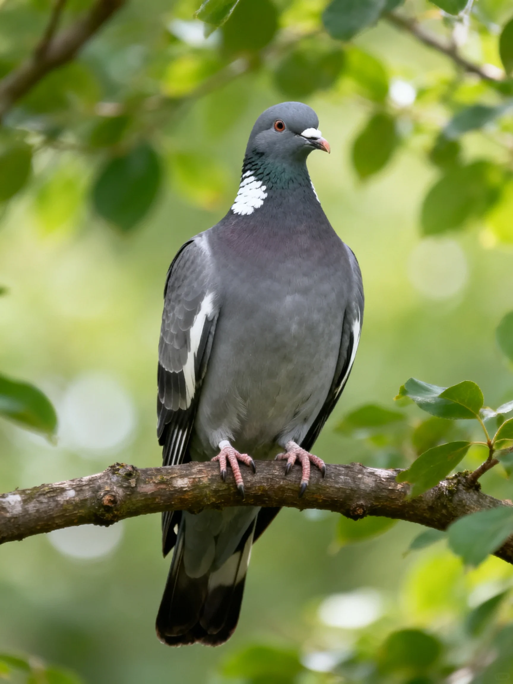 A gray pigeon perched on a tree branch among lush green foliage