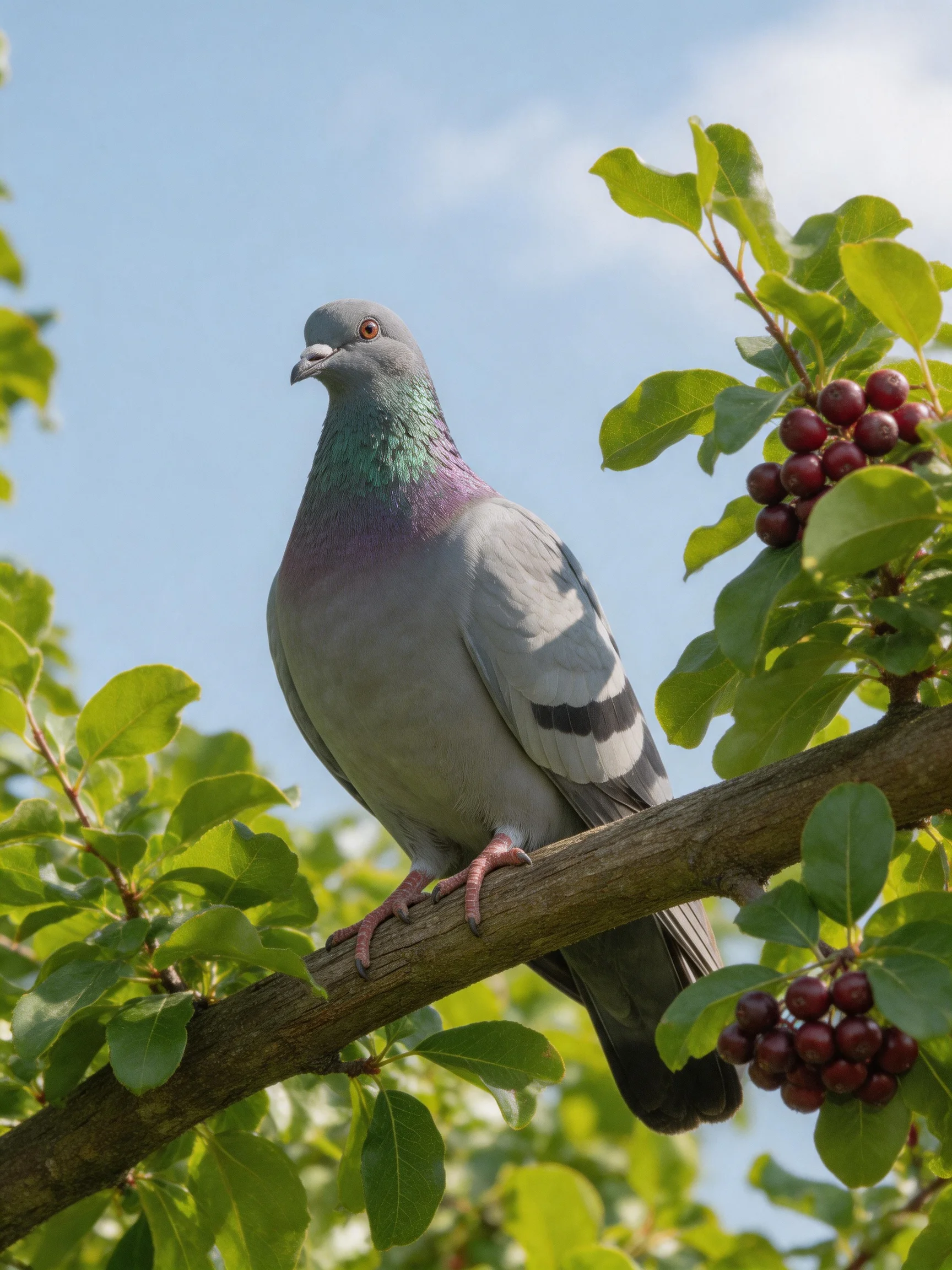 A gray pigeon perched on a tree branch near red berries and green foliage
