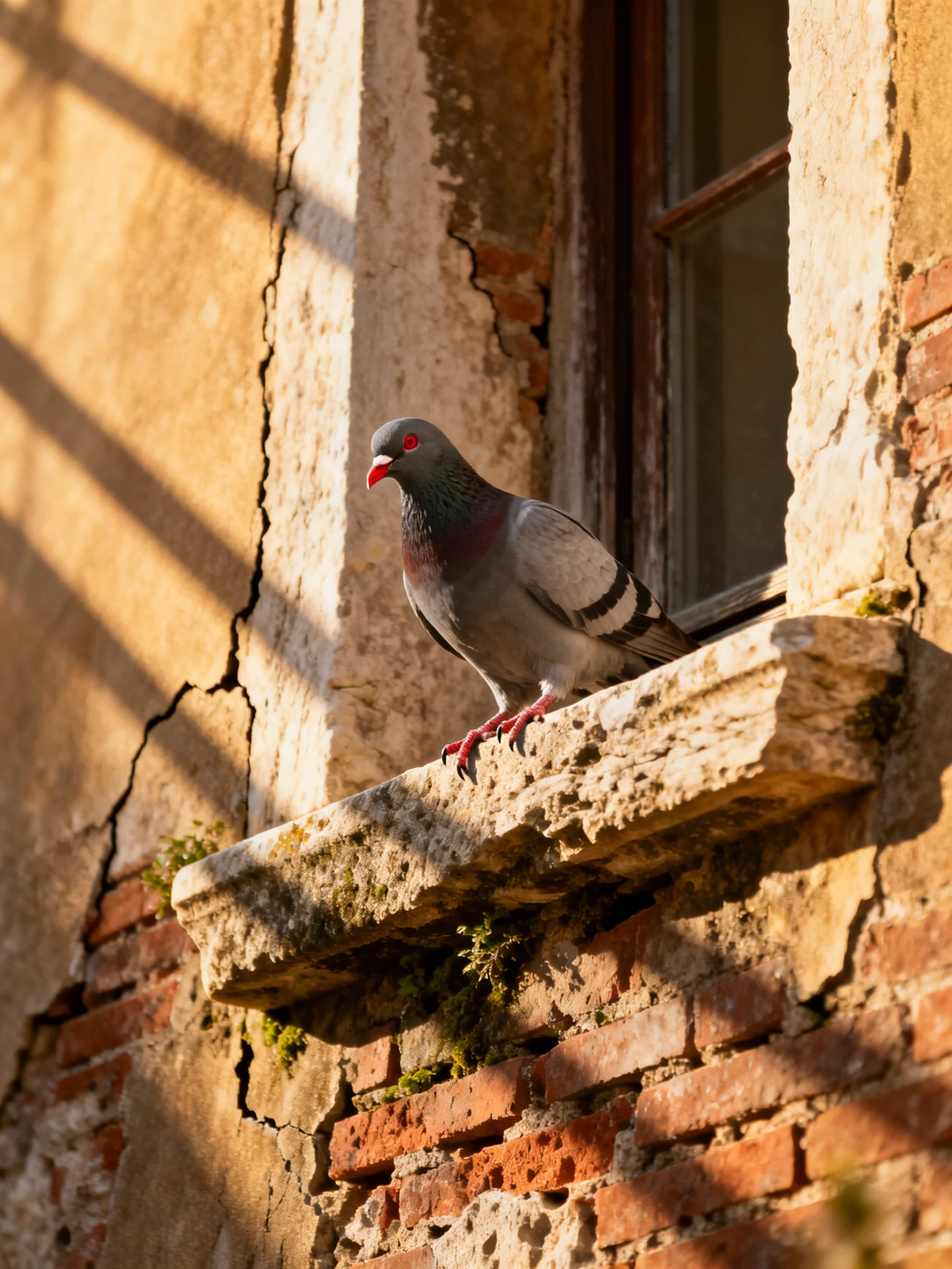 A gray pigeon stands on a weathered stone ledge beside an old brick building.