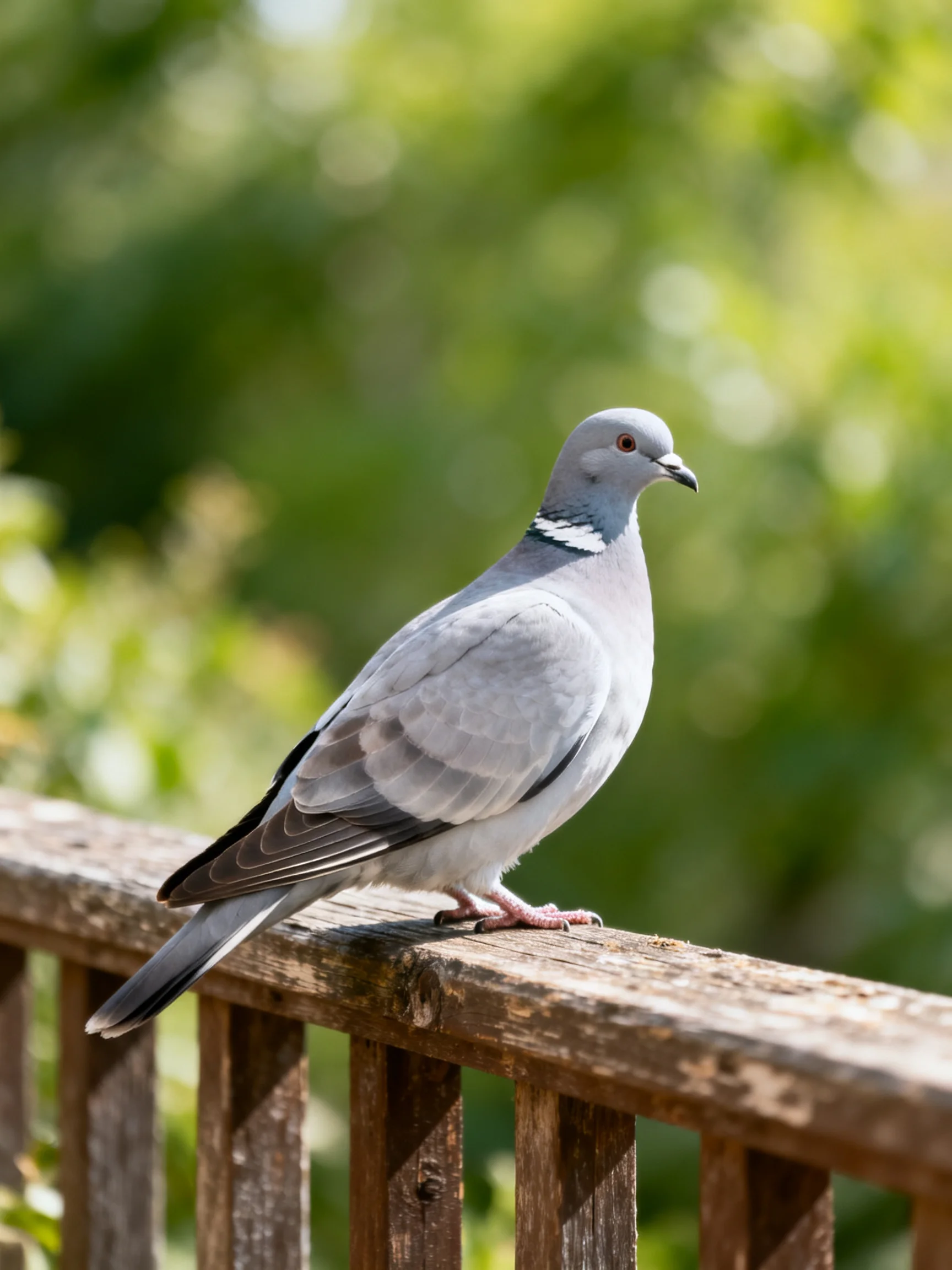 A gray pigeon sits on a wooden railing amid greenery.