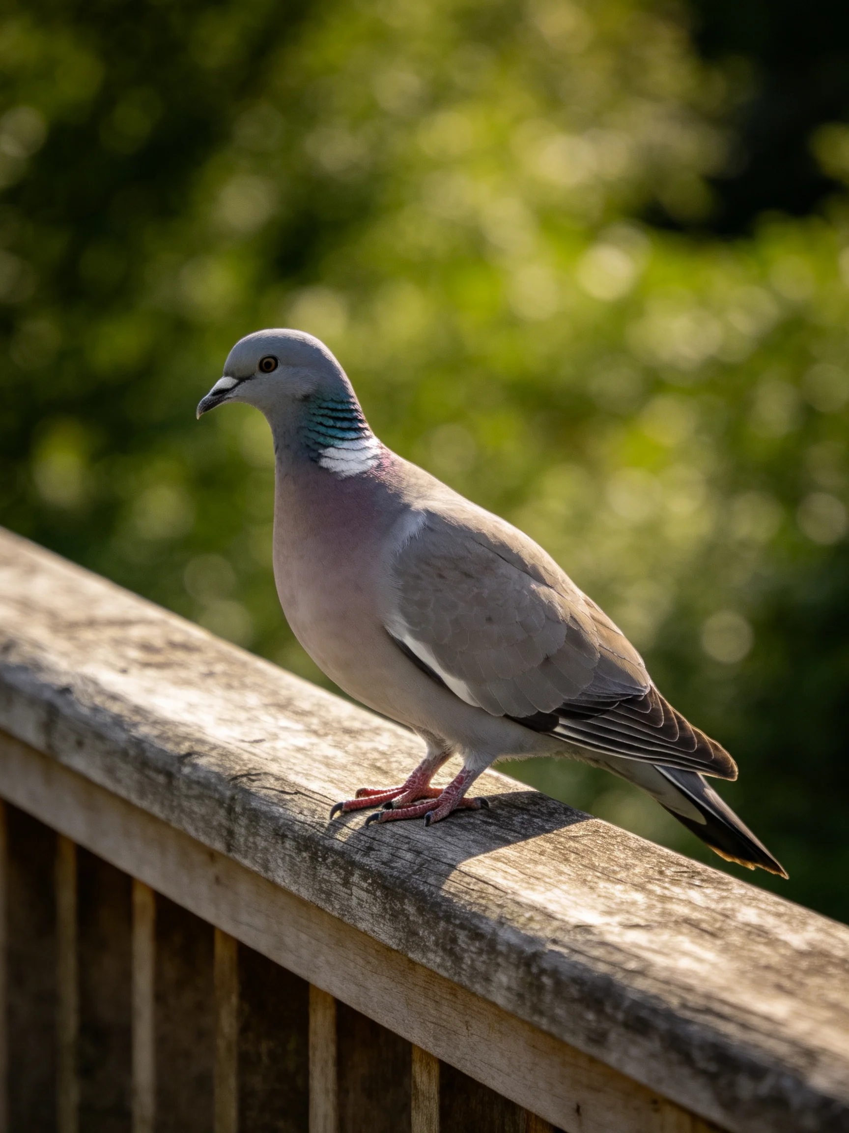 A gray pigeon rests on a wooden railing amid lush greenery.