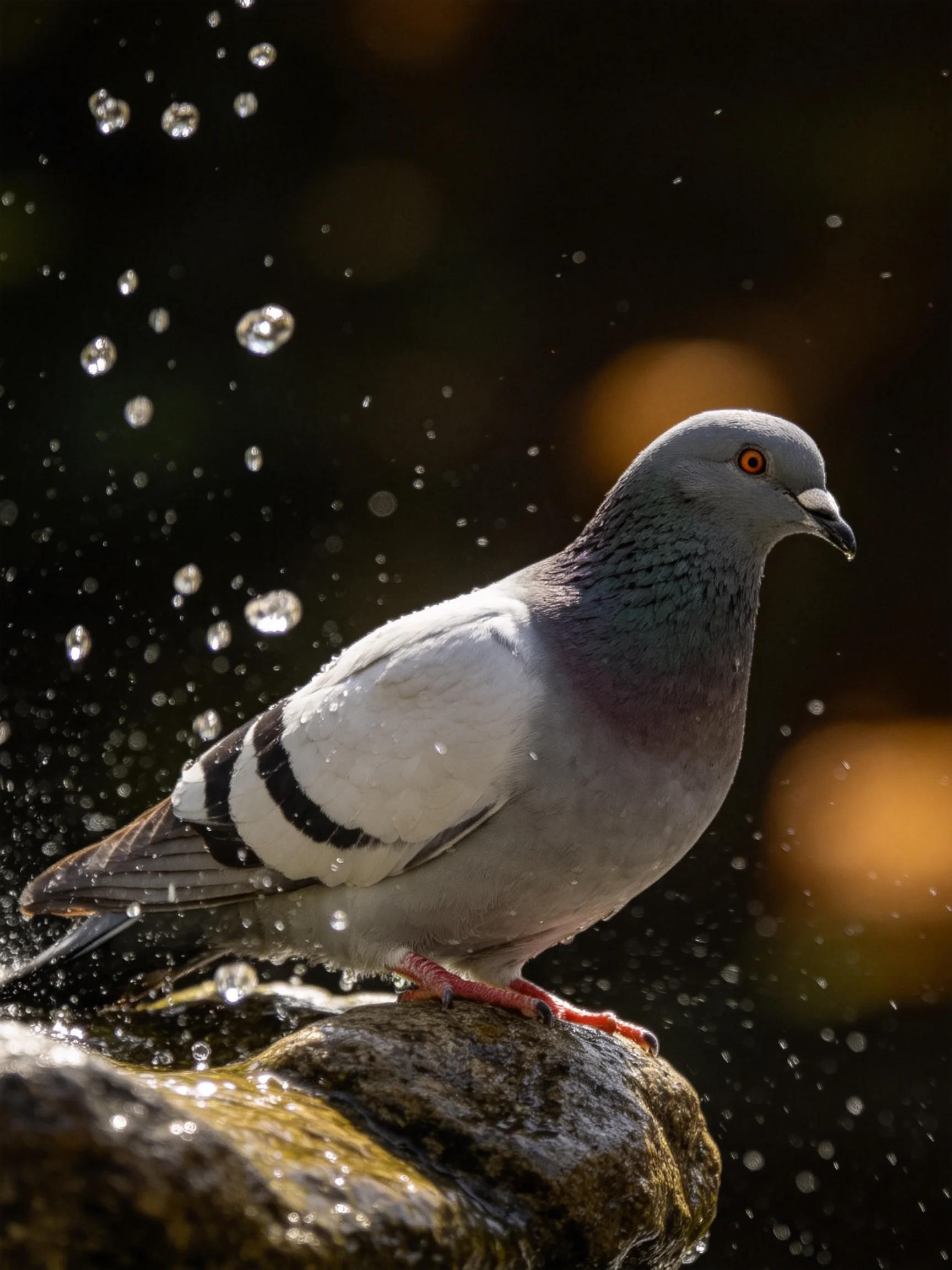 A gray pigeon perched on a wet stone with sparkling water droplets