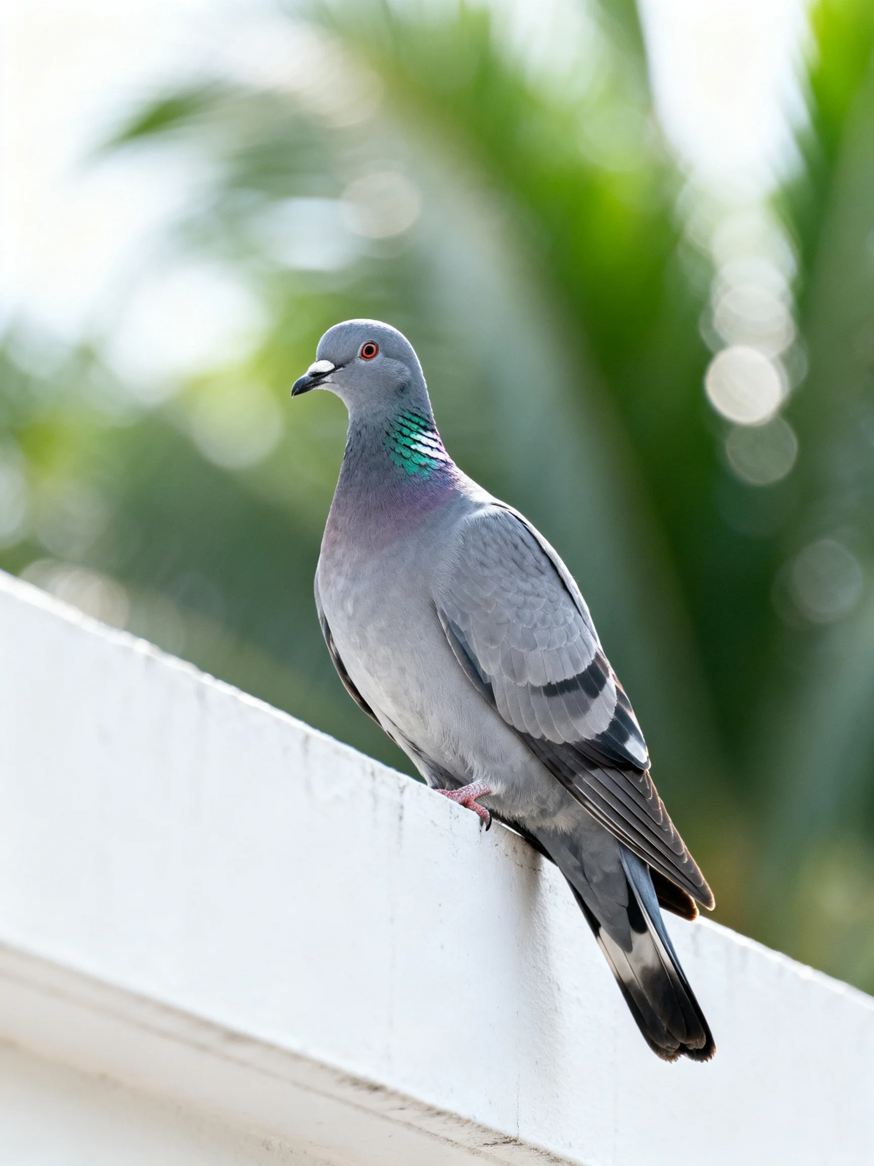 A gray pigeon perched on a white ledge with lush green foliage