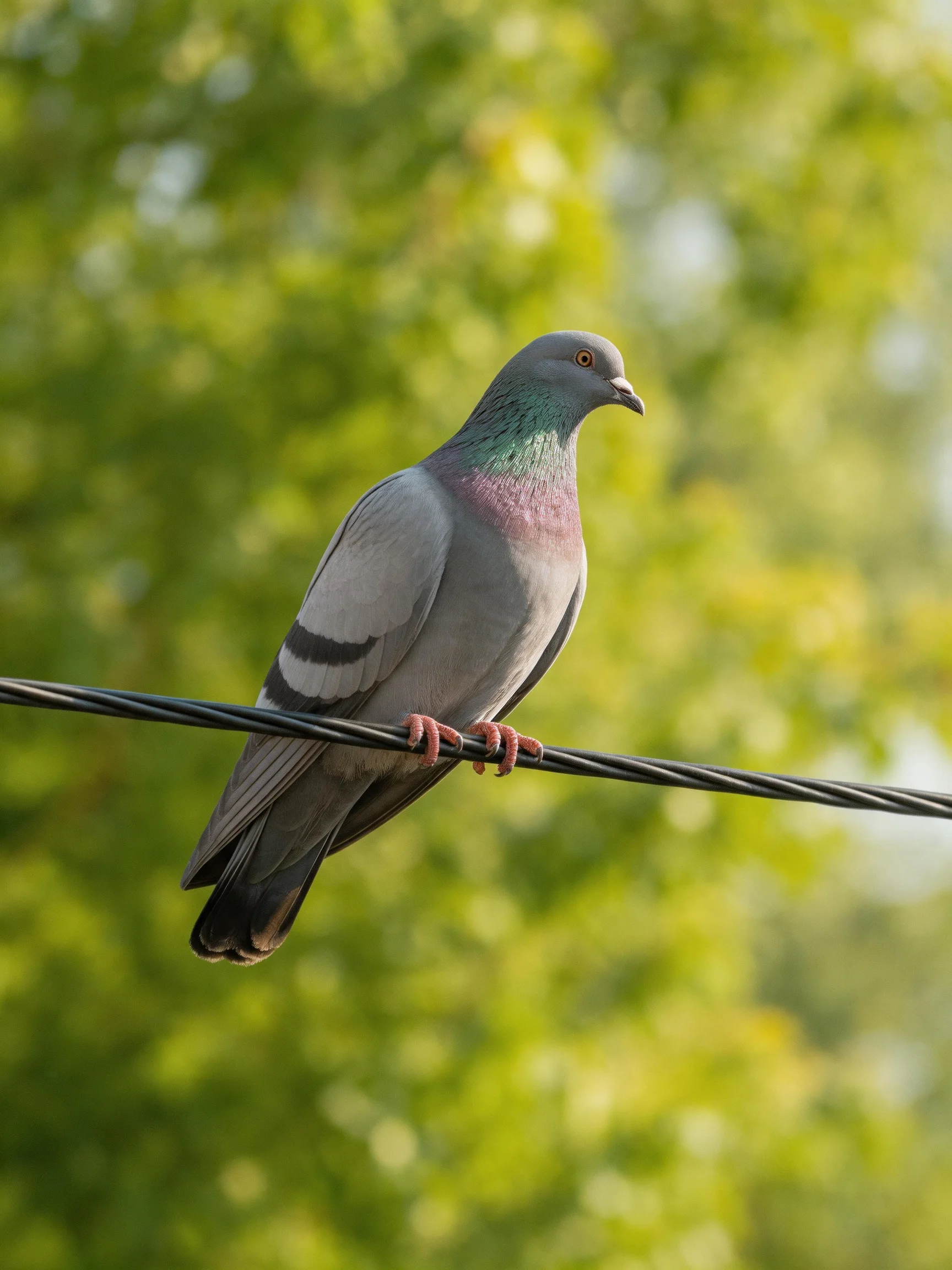 A gray pigeon perched on a wire amid lush green foliage